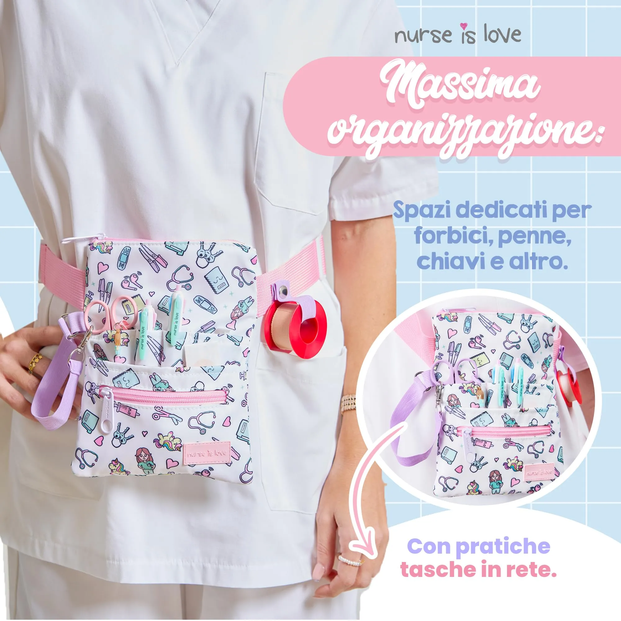 Nurse is Love Marsupio Infermiere Unicorni Bianchi con Moschettone, Organizer Multitasche per Forbici - immagine 5