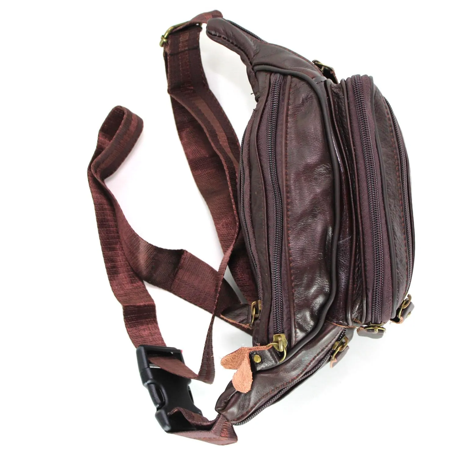 BOGACI Marsupio in vera pelle cuoio con 6 tasche e cinta regolabile, T. Moro - immagine 3
