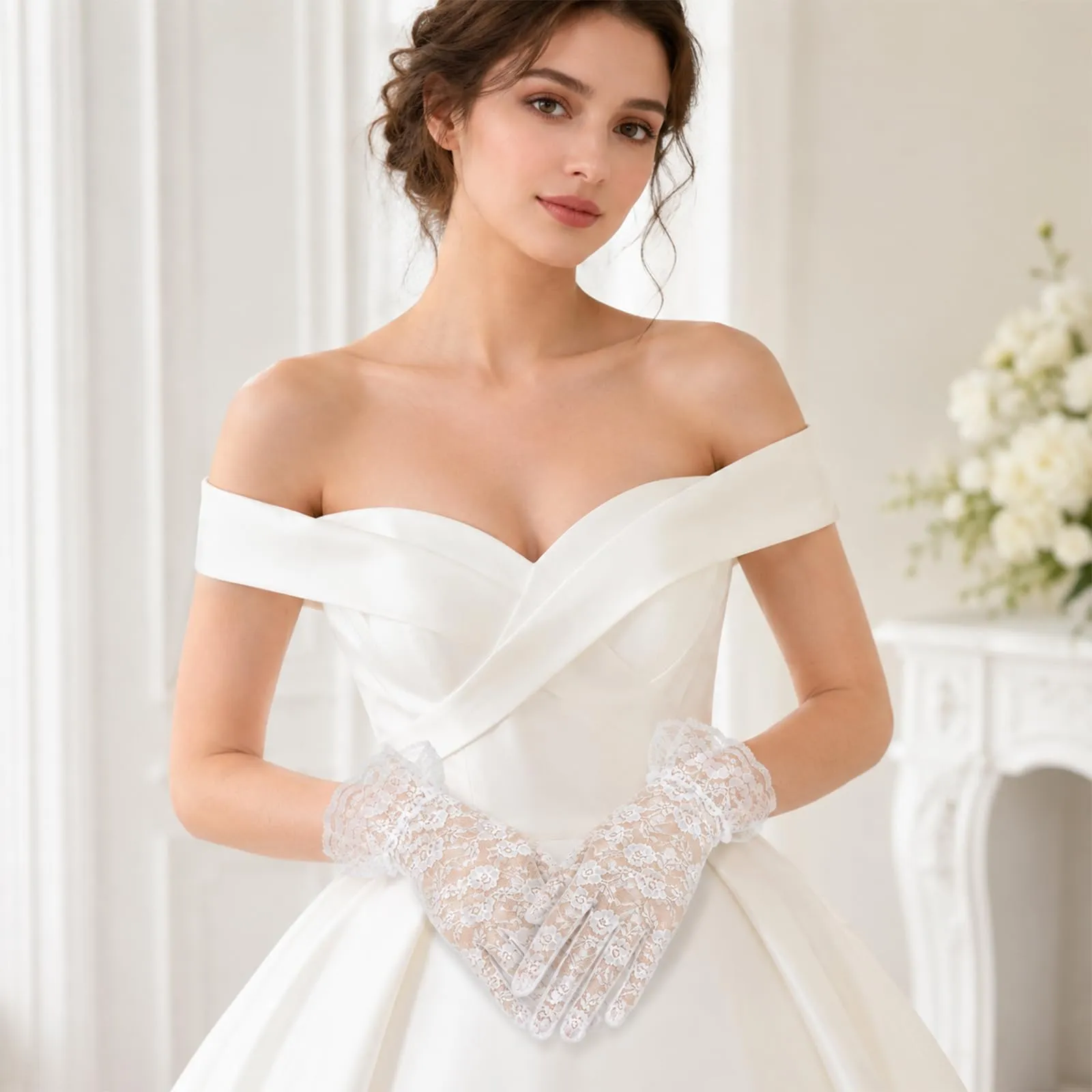 Andiker Guanti Corti da Donna in Pizzo Vintage, Bianco-B, Taglia Unica - immagine 6