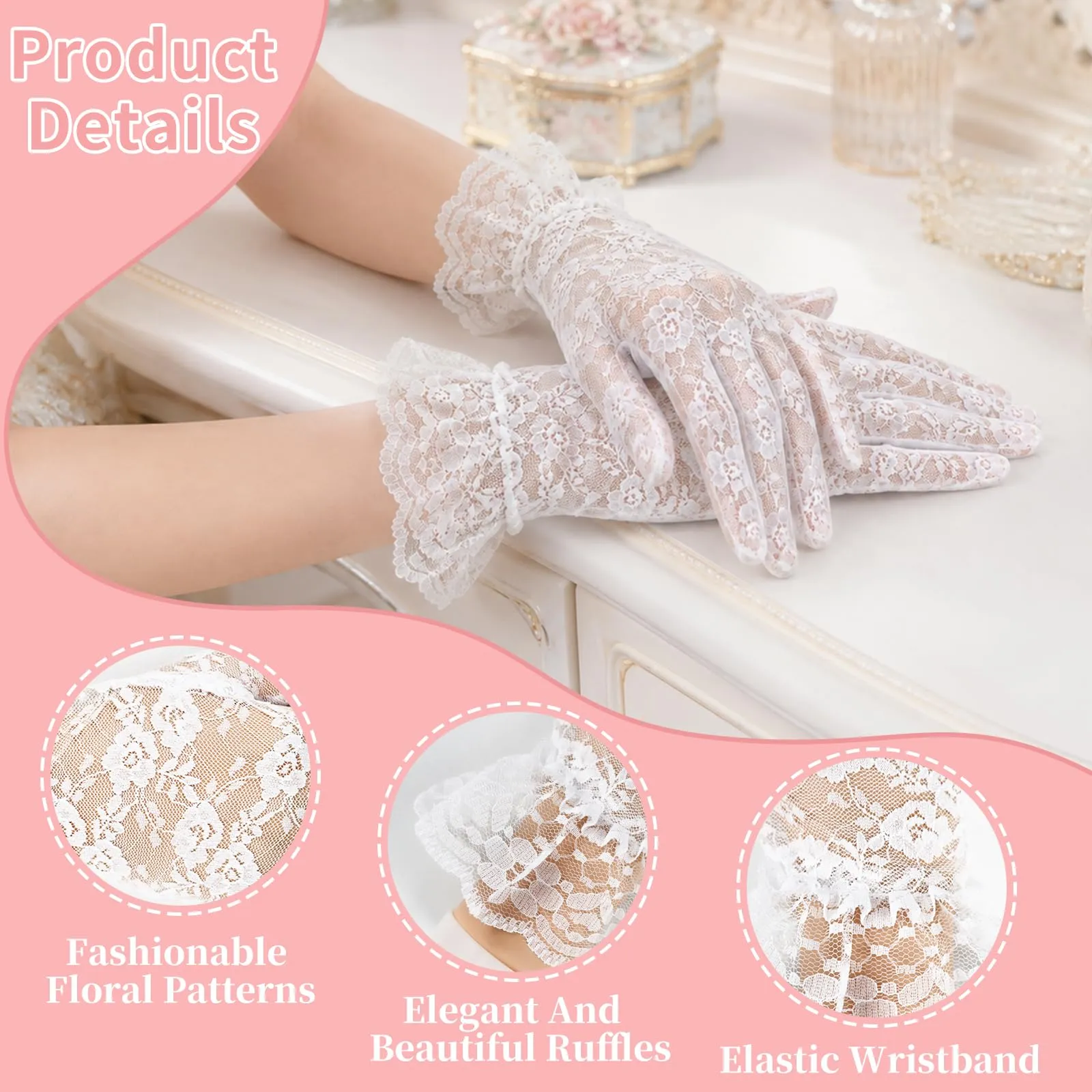 Andiker Guanti Corti in Pizzo Vintage da Donna, Nero-B, Taglia Unica - immagine 3