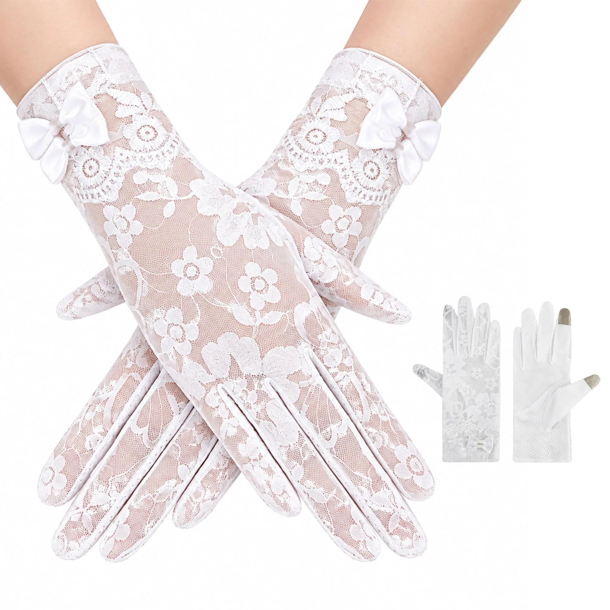 Andiker Guanti Corti in Pizzo Vintage da Donna, Bianco-D, Taglia Unica - immagine 1