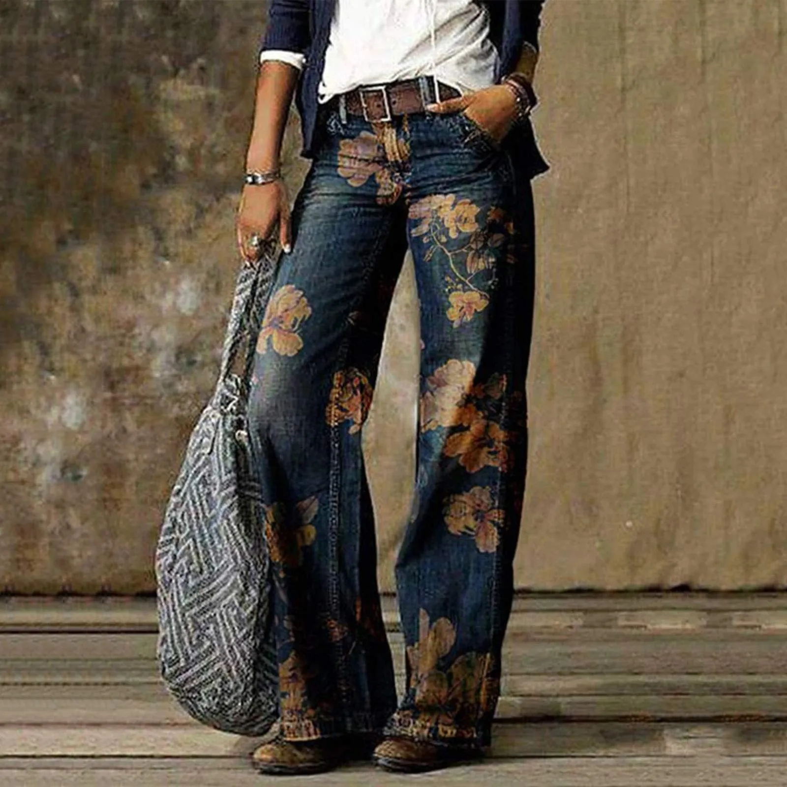 BOTCAM Pantaloni da donna in denim a zampa d'elefante, stretch, vita alta, stile boyfriend retro vintage - immagine 2