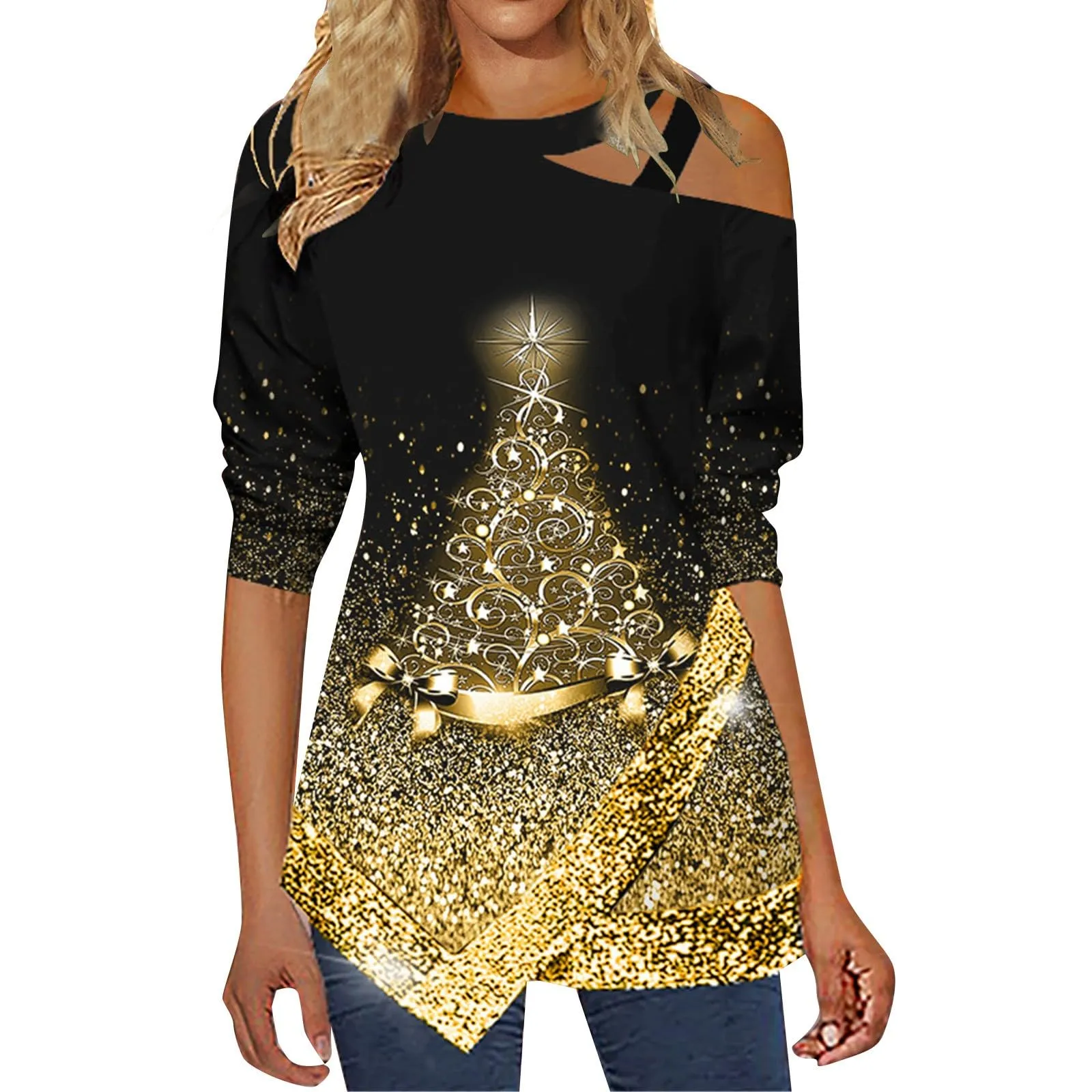 Uwdiohq Camicia a Maniche Lunghe da Donna con Stampa Natalizia e Fiocchi di Neve Glitterati, Top Irregolare con Collo Inclinato - immagine 1