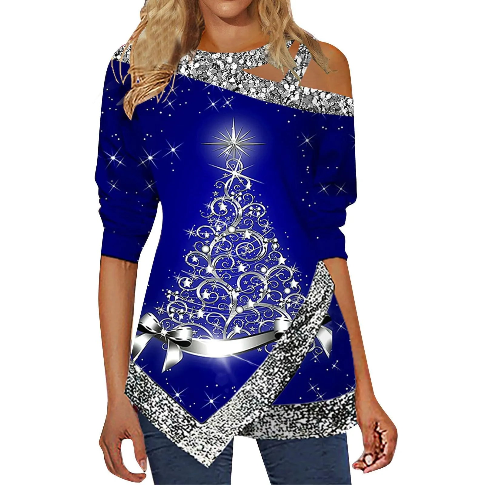 Uwdiohq Camicia a Maniche Lunghe da Donna Top Irregolare con Collo Inclinato e Stampa Natalizia con Fiocchi di Neve Glitterati Taglie Forti - immagine 3