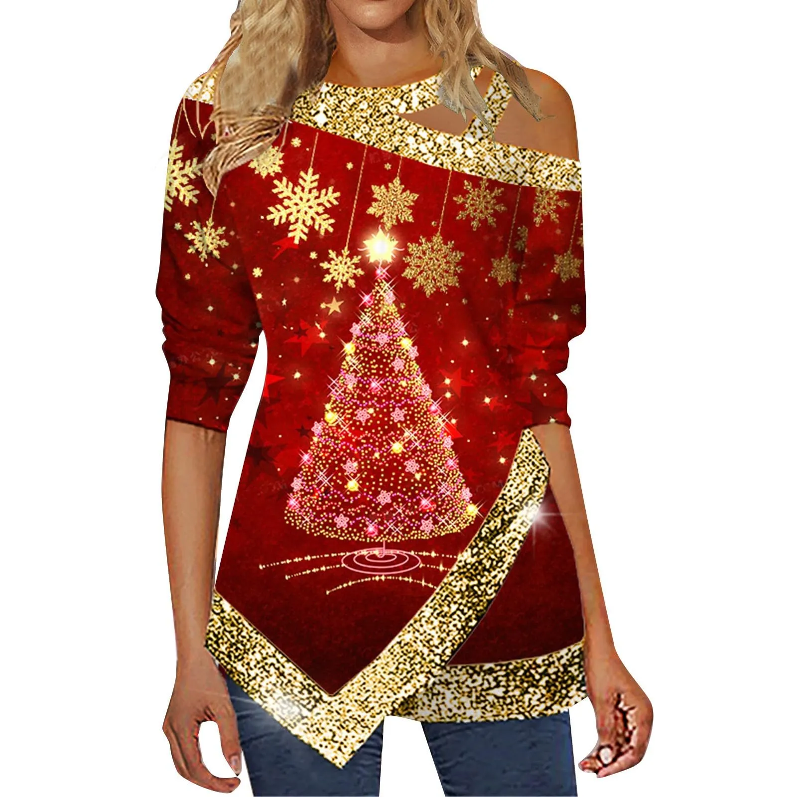 Uwdiohq Camicia a Maniche Lunghe da Donna Top Irregolare con Collo Inclinato e Stampa Natalizia con Fiocchi di Neve Glitterati Taglie Forti - immagine 3