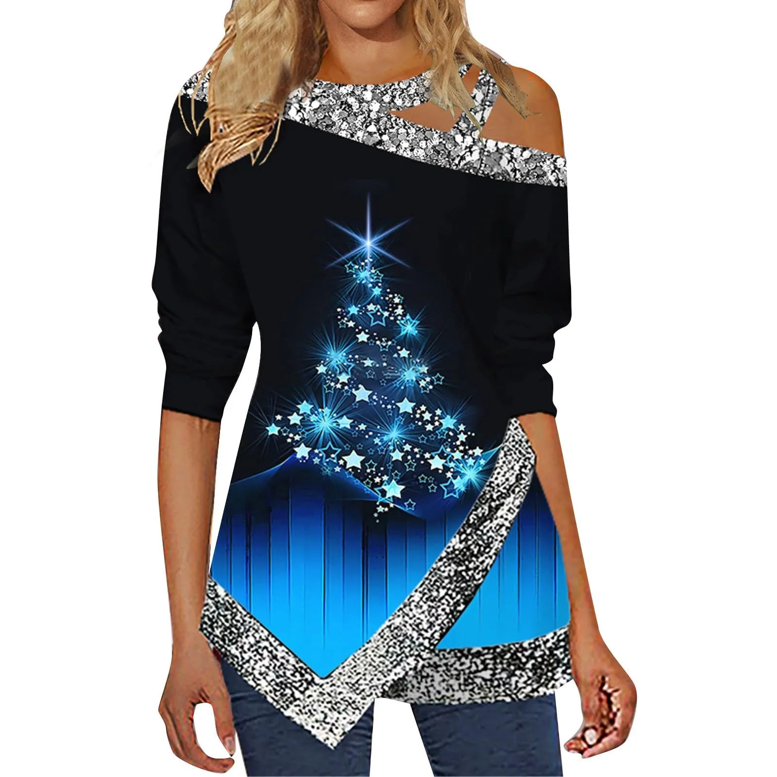 Uwdiohq Camicia a Maniche Lunghe da Donna Top Irregolare con Collo Inclinato e Stampa Natalizia con Fiocchi di Neve Glitterati - immagine 1