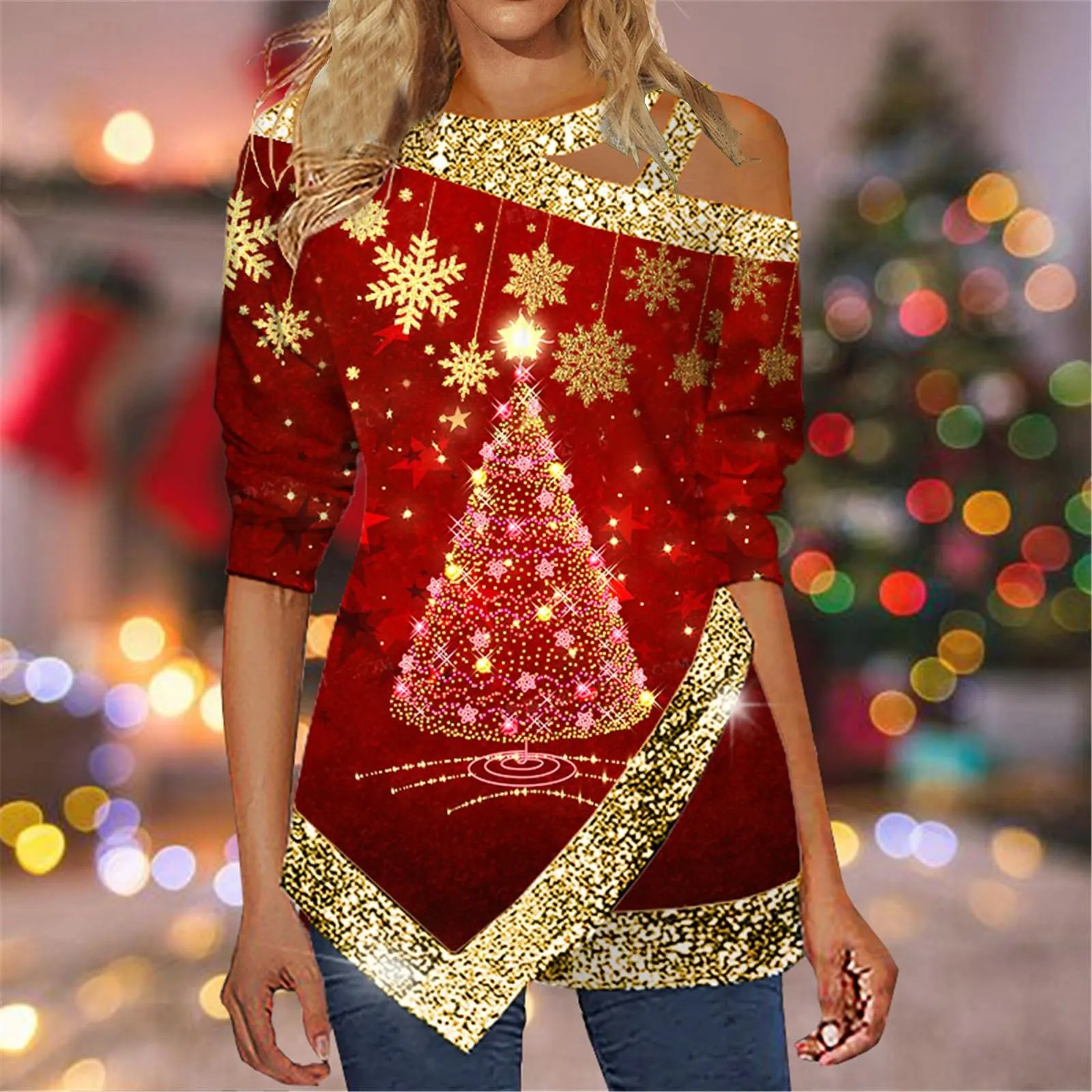 Uwdiohq Camicia a Maniche Lunghe da Donna Top Irregolare con Collo Inclinato e Stampa Natalizia con Fiocchi di Neve Glitterati Taglie Forti - immagine 2