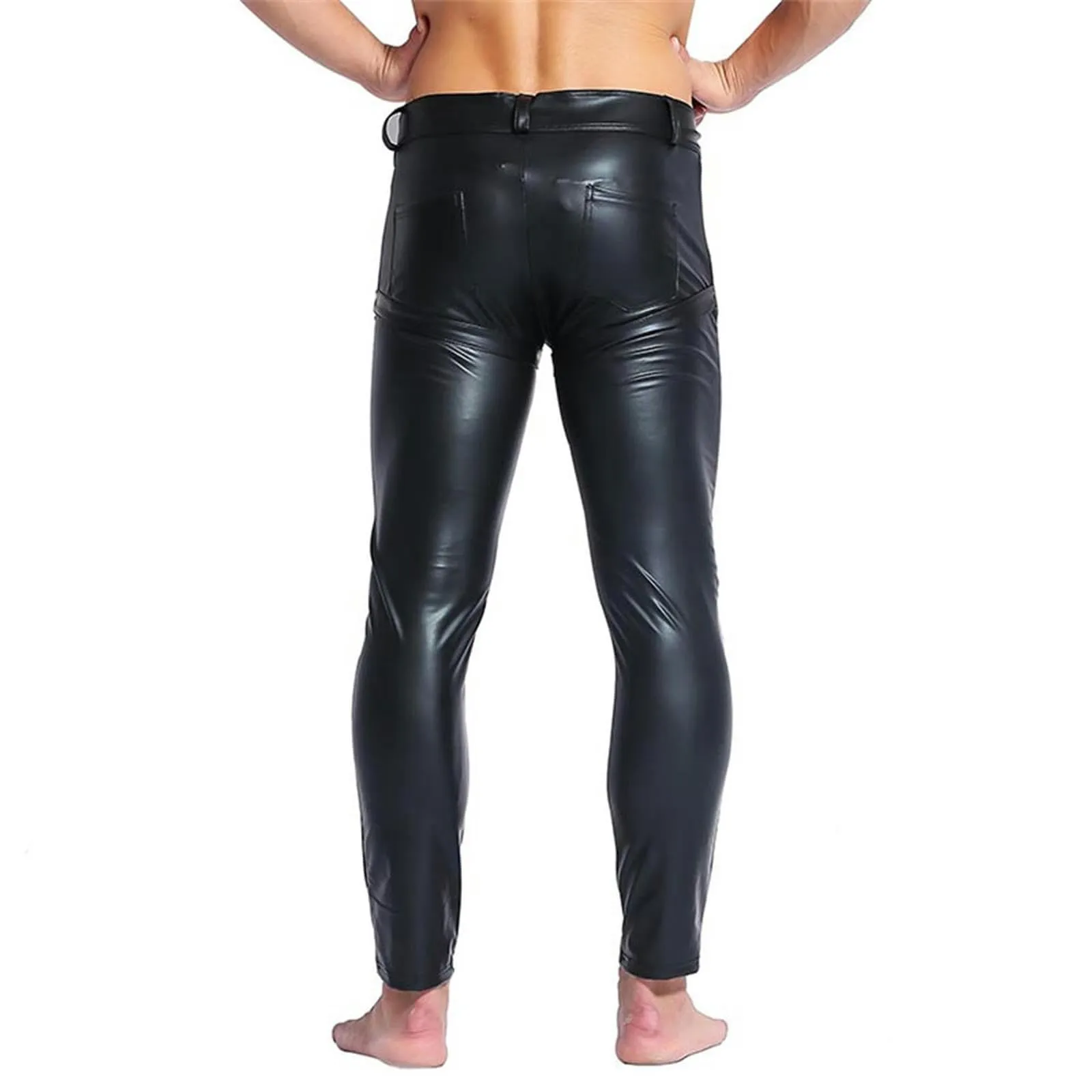 VOIV Pantaloni Attillati in Pelle Sintetica PU da Uomo, Nero - immagine 3