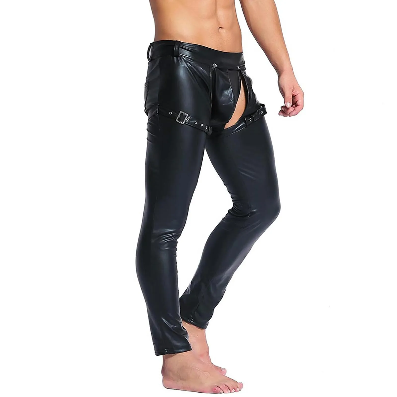 VOIV Pantaloni Attillati in Pelle Sintetica PU da Uomo, Nero - immagine 6