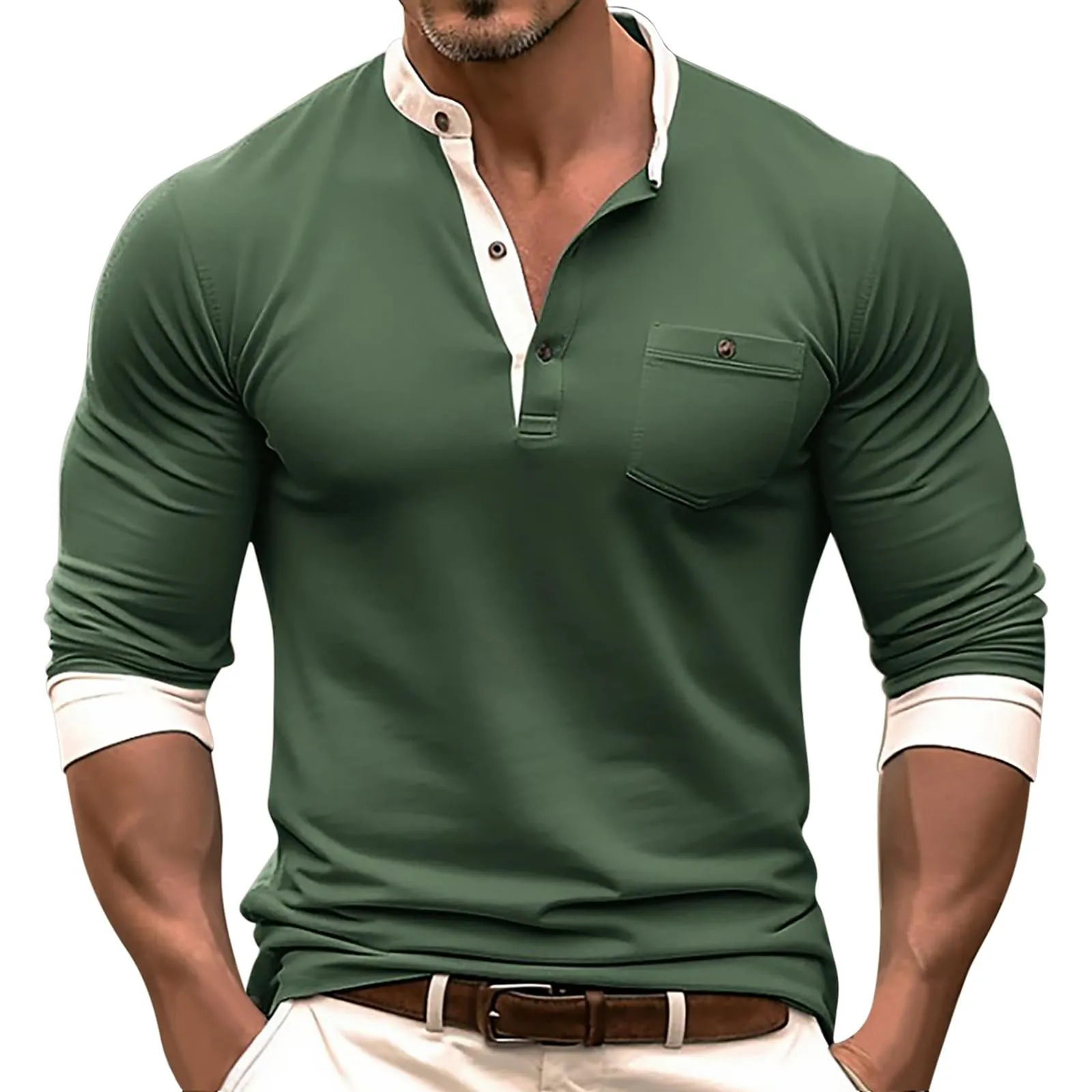 Generico Camicia Uomo Cotone Manica Lunga Slim Fit Verde Militare - immagine 1