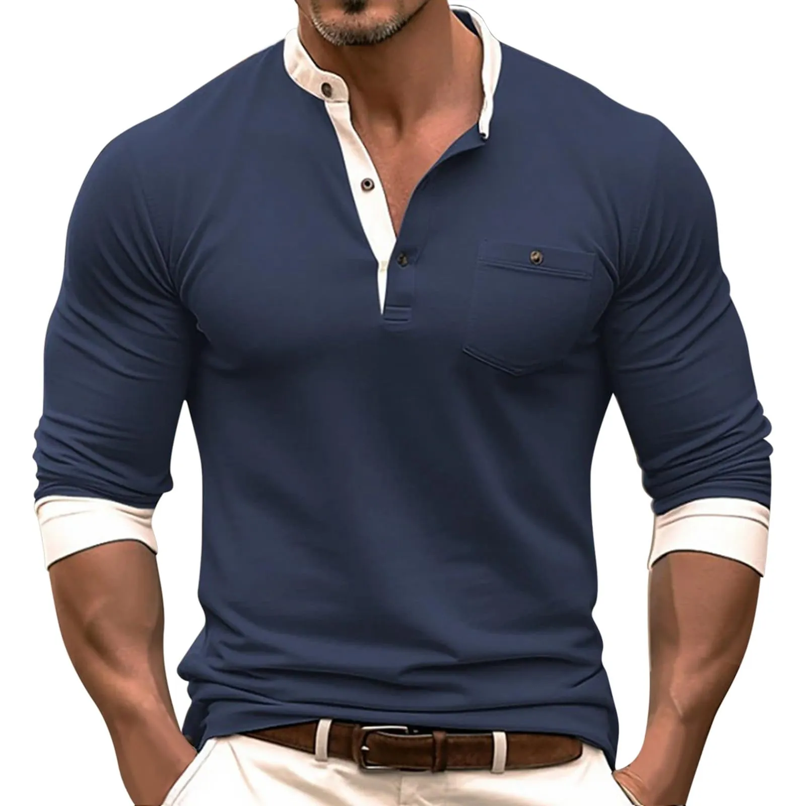 Generico Camicia Uomo Elegante da Cerimonia Collo Coreana in Cotone e Lino Manica Lunga - immagine 2