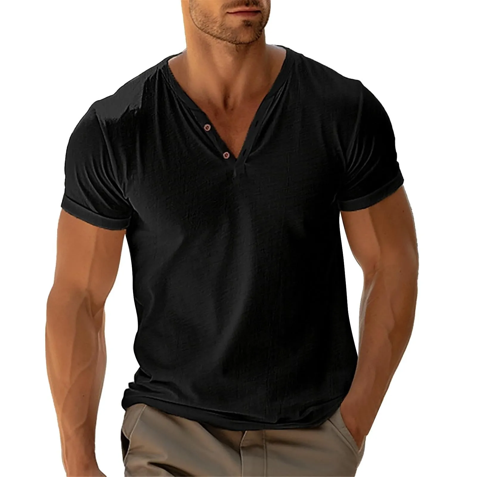 Generico Maglietta Uomo Cotone Slim Fit Manica Corta Scollo V Viola - immagine 1