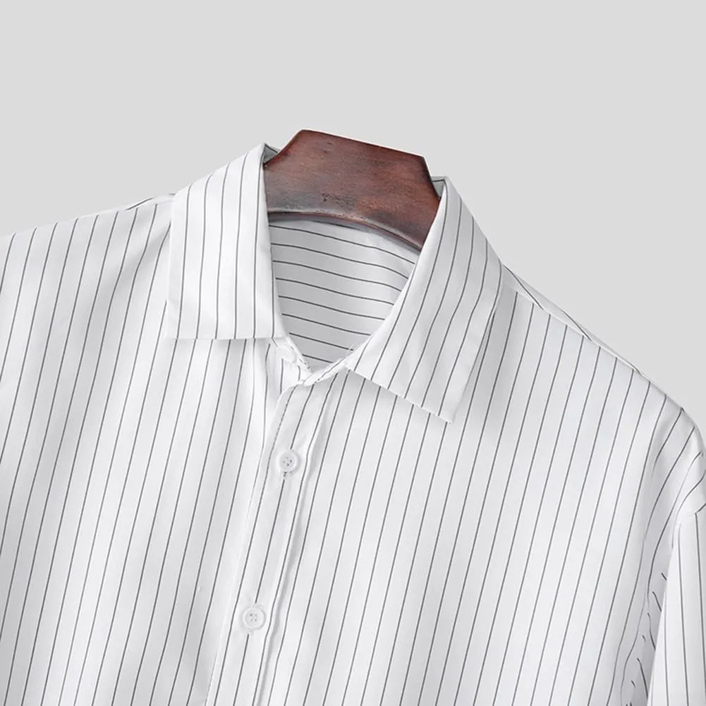 VersaGenius Camicia da uomo a maniche lunghe a righe bianca, stile coreano, taglia M - immagine 5