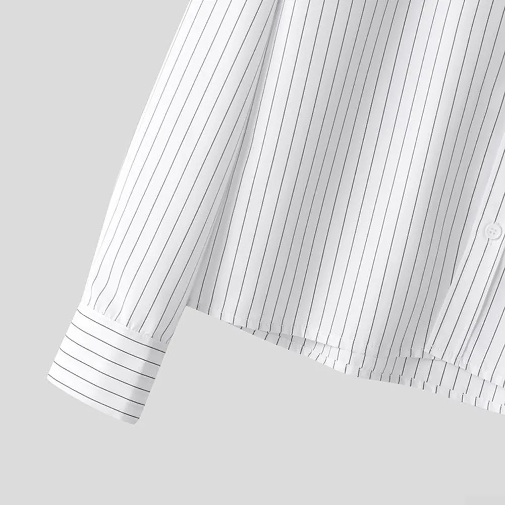 VersaGenius Camicia da uomo a maniche lunghe a righe bianca, stile coreano, taglia M - immagine 6