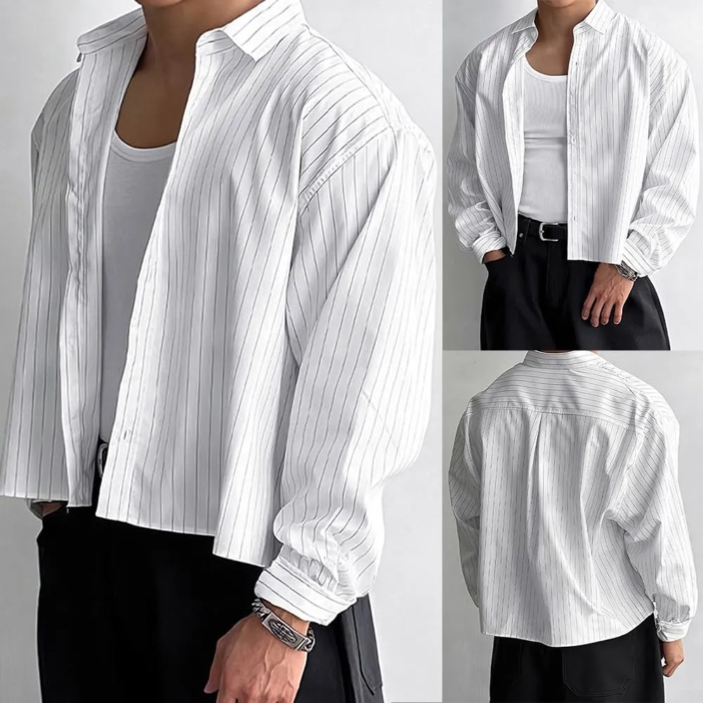 VersaGenius Camicia da Uomo a Maniche Lunghe a Righe Bianca Streetwear XL - immagine 9