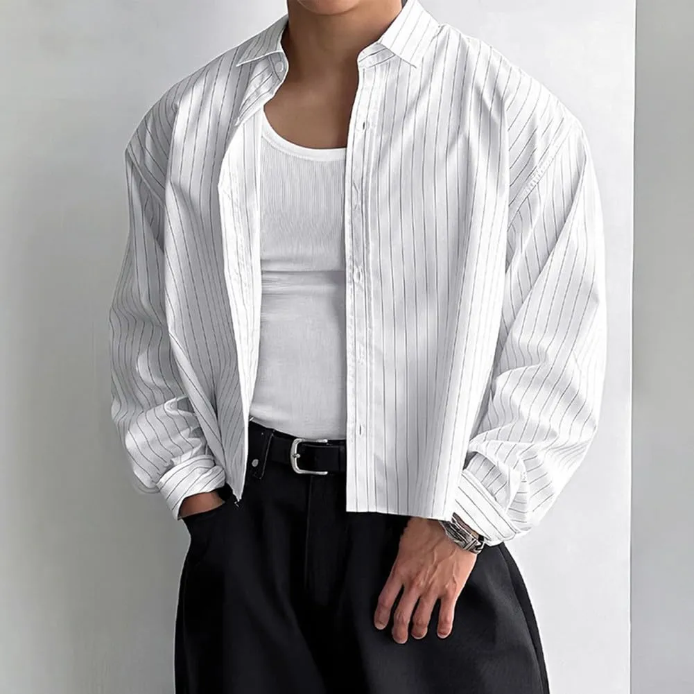 VersaGenius Camicia da uomo a maniche lunghe a righe bianca, stile coreano streetwear, taglia S - immagine 1