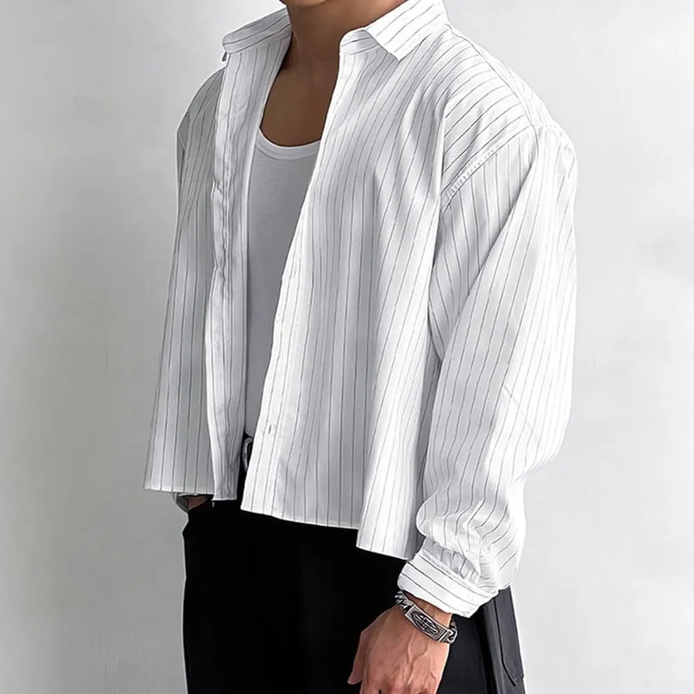 VersaGenius Camicia da uomo a maniche lunghe a righe bianca, stile coreano streetwear, taglia S - immagine 3