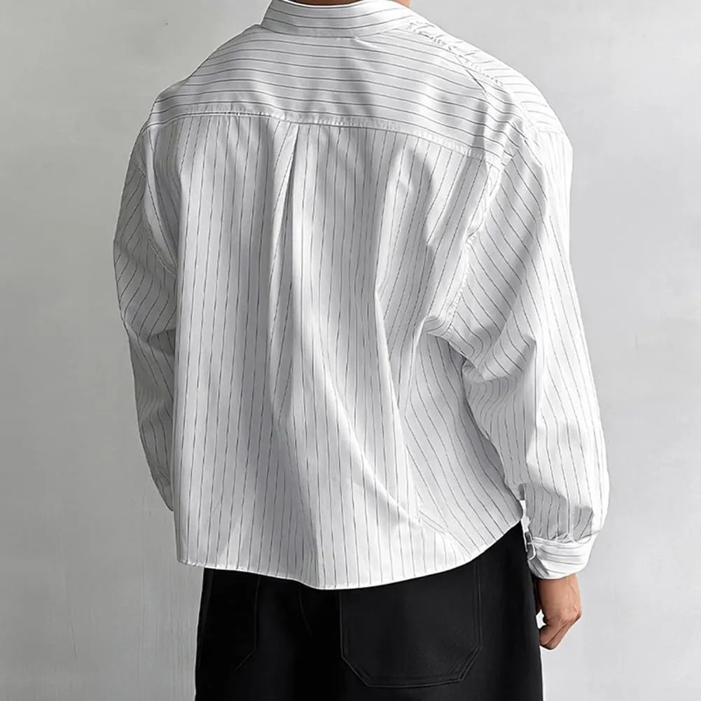 VersaGenius Camicia da uomo a maniche lunghe a righe bianca, stile coreano streetwear, taglia S - immagine 4