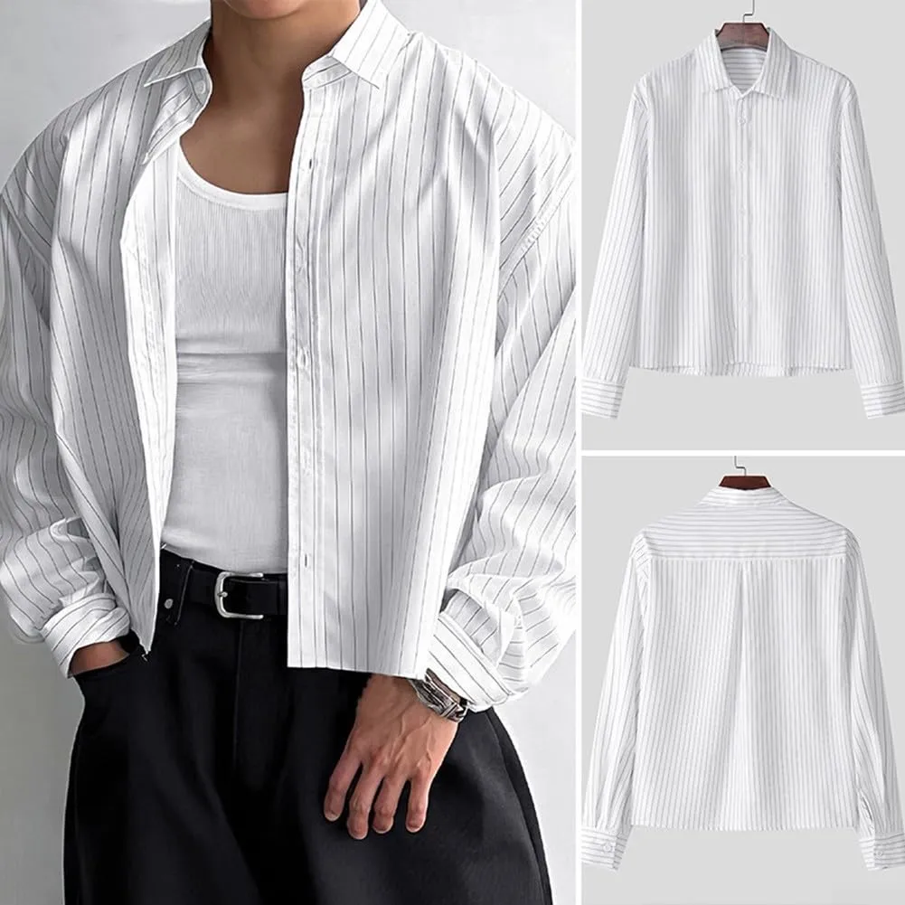 VersaGenius Camicia da uomo a maniche lunghe a righe bianca, stile coreano streetwear, taglia S - immagine 8