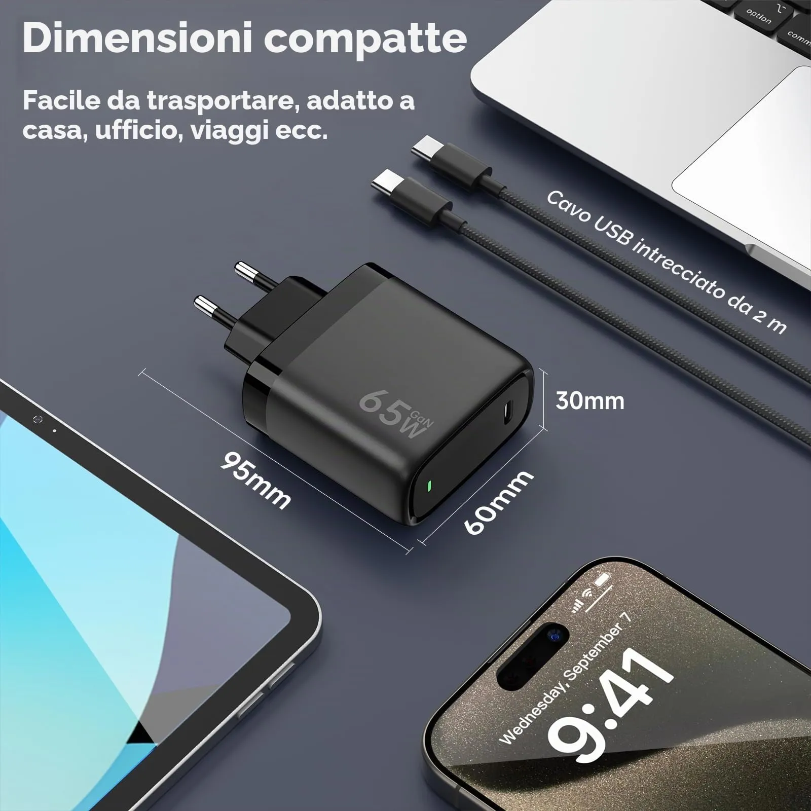 Kndaa Caricatore USB-C 65W PD3.0 GaN II con Cavo Tipo C 2m - immagine 3
