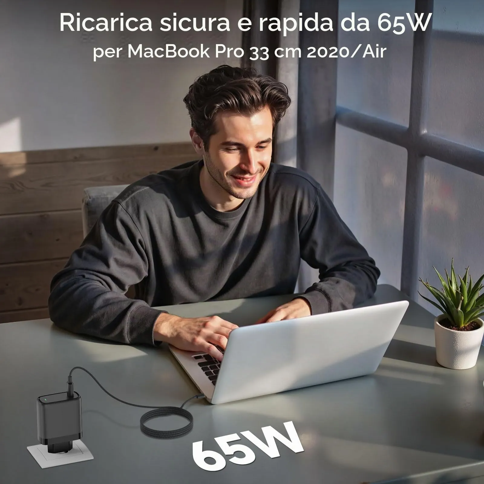 Kndaa Caricatore USB-C 65W PD3.0 GaN II con Cavo Tipo C 2m - immagine 6