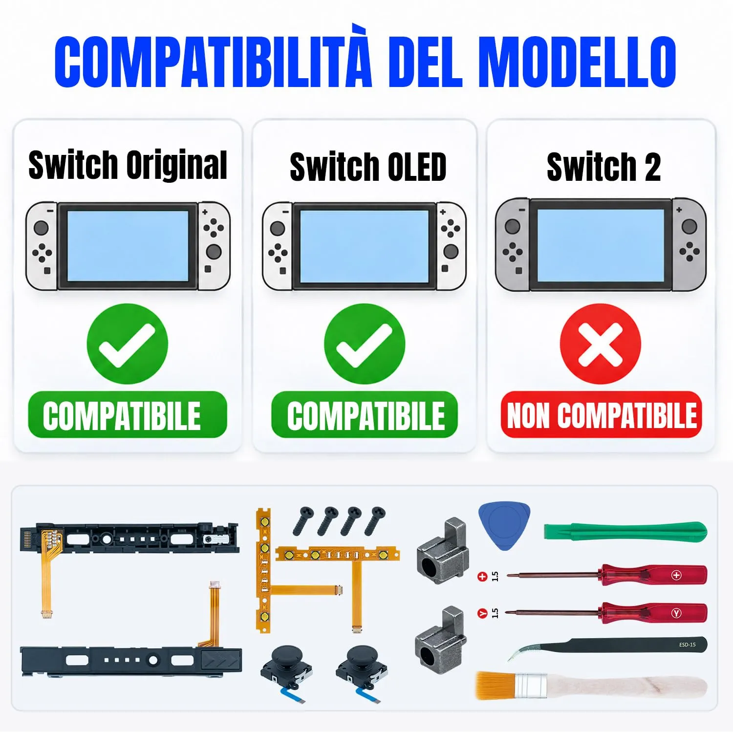 Mcbazel 18 in 1 Kit di Riparazione per Joy-Con Nintendo Switch con Cacciaviti, Joystick Analogici 3D SL/SR e Cavi Flessibili - immagine 2