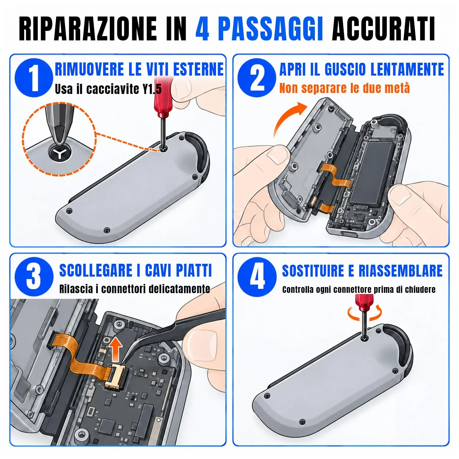 Mcbazel 18 in 1 Kit di Riparazione per Joy-Con Nintendo Switch con Cacciaviti, Joystick Analogici 3D SL/SR e Cavi Flessibili - immagine 6