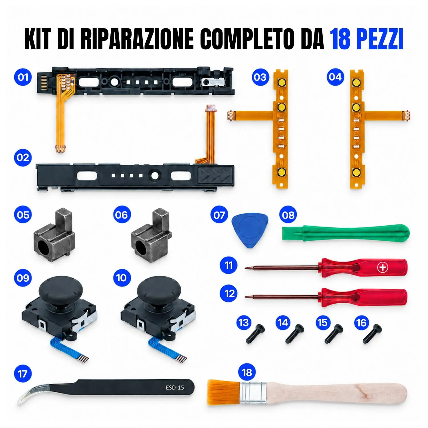 Mcbazel 18 in 1 Kit di Riparazione per Joy-Con Nintendo Switch con Cacciaviti, Joystick Analogici 3D SL/SR e Cavi Flessibili - immagine 10