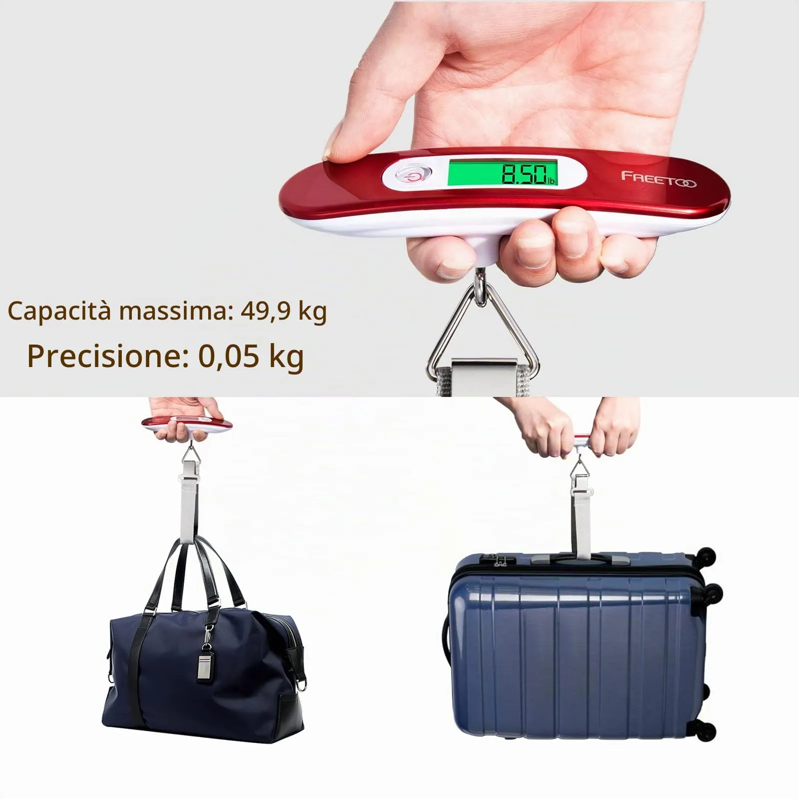 FREETOO Bilancia Elettronica Portatile Digitale per Bagagli, max 50 kg, Rosso, M - immagine 2