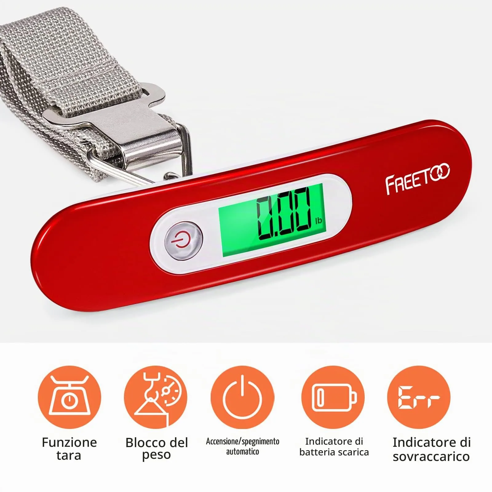 FREETOO Bilancia Elettronica Portatile Digitale per Bagagli, max 50 kg, Rosso, M - immagine 3