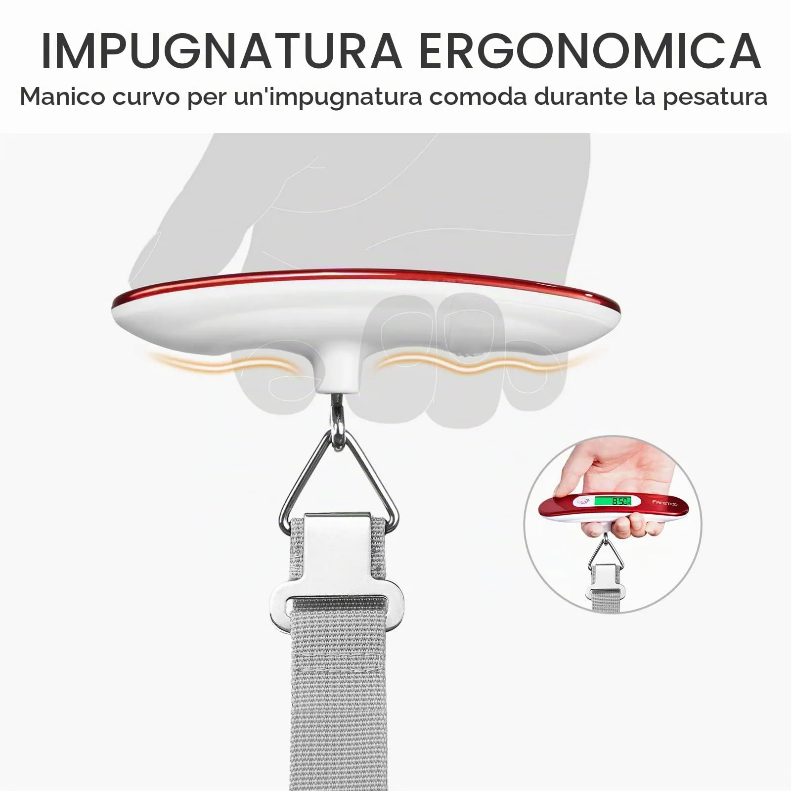 FREETOO Bilancia Elettronica Portatile Digitale per Bagagli, max 50 kg, Rosso, M - immagine 7