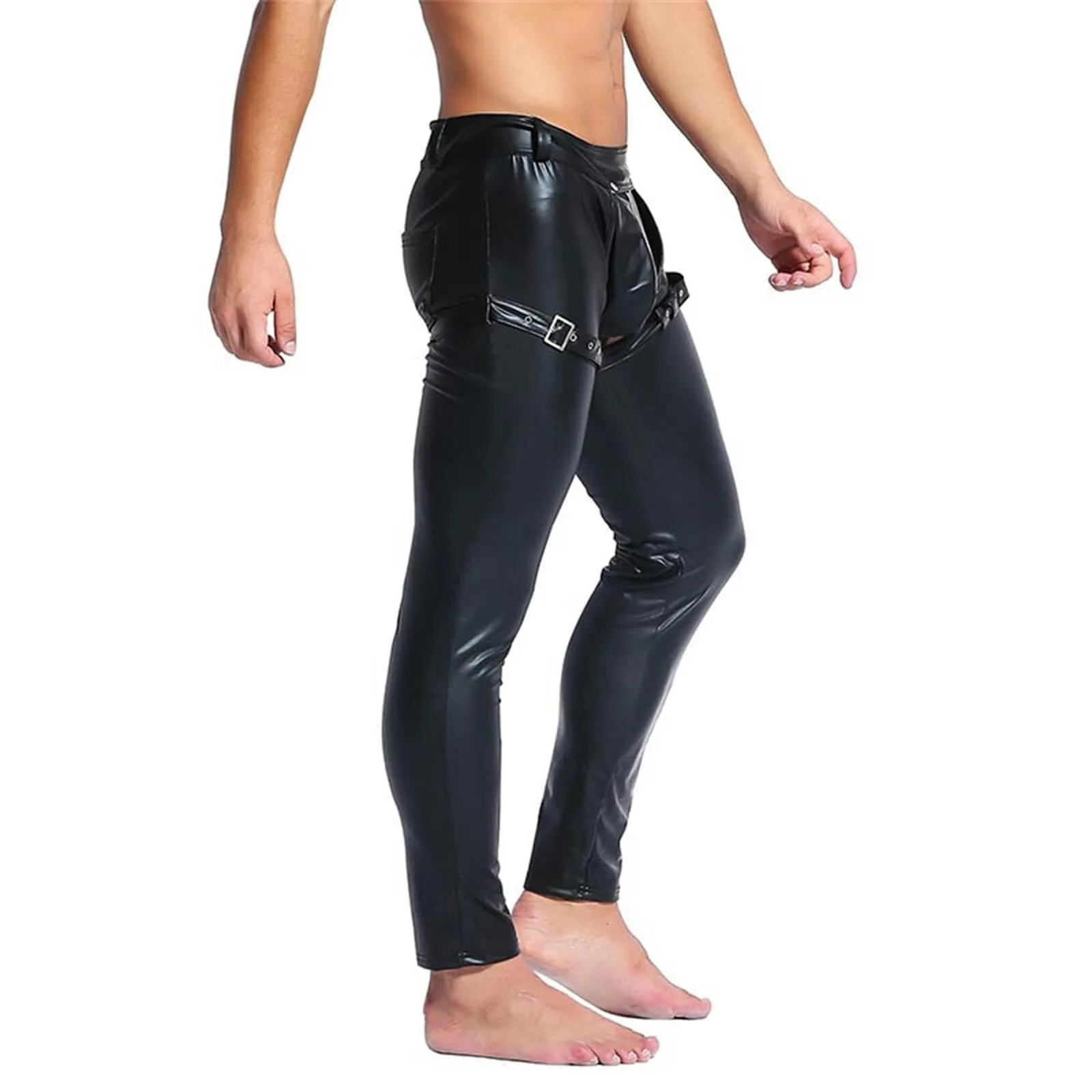 VOIV Pantaloni Attillati in Pelle Sintetica PU da Uomo, Nero - immagine 5