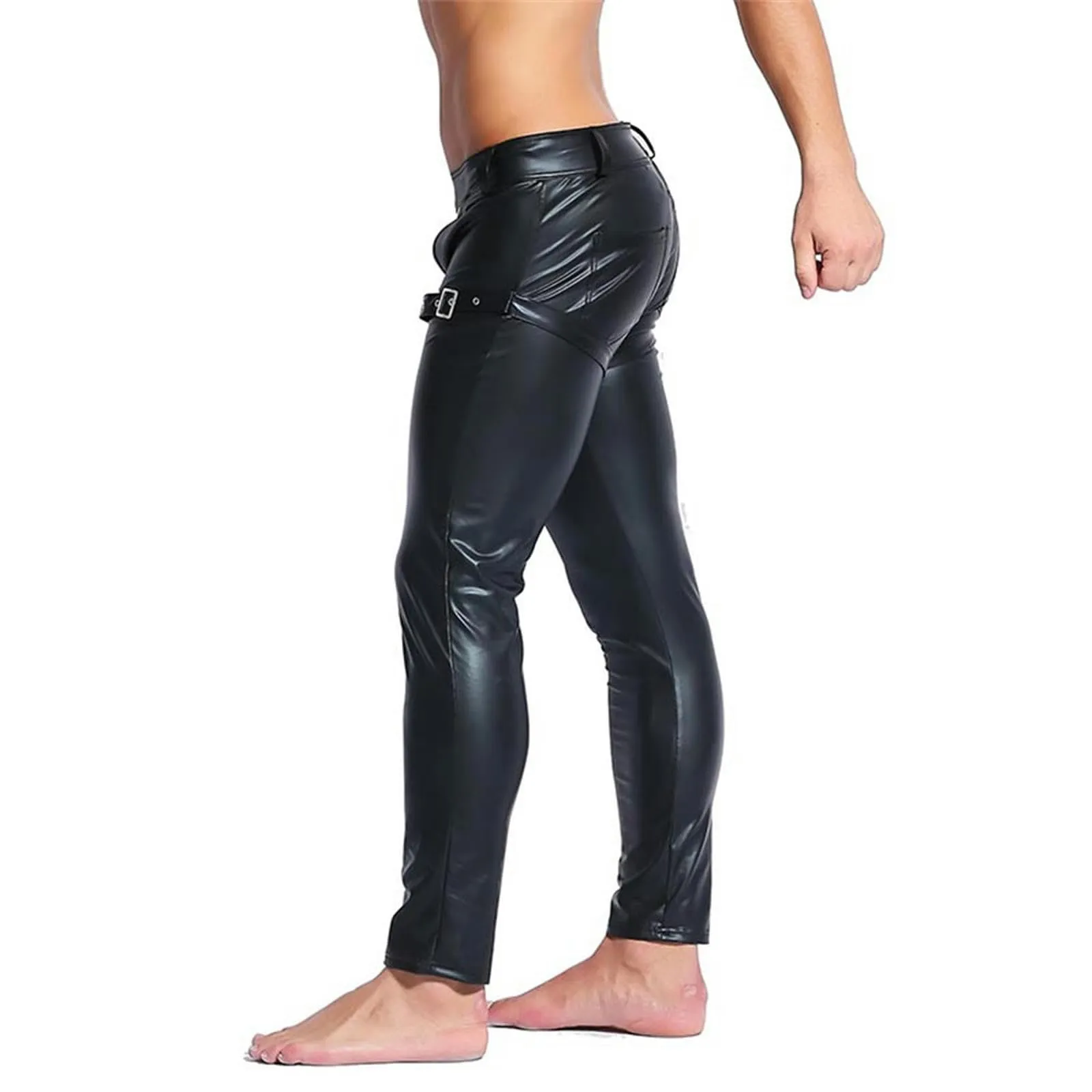 VOIV Pantaloni Attillati in Pelle Sintetica da Uomo Nero - immagine 4