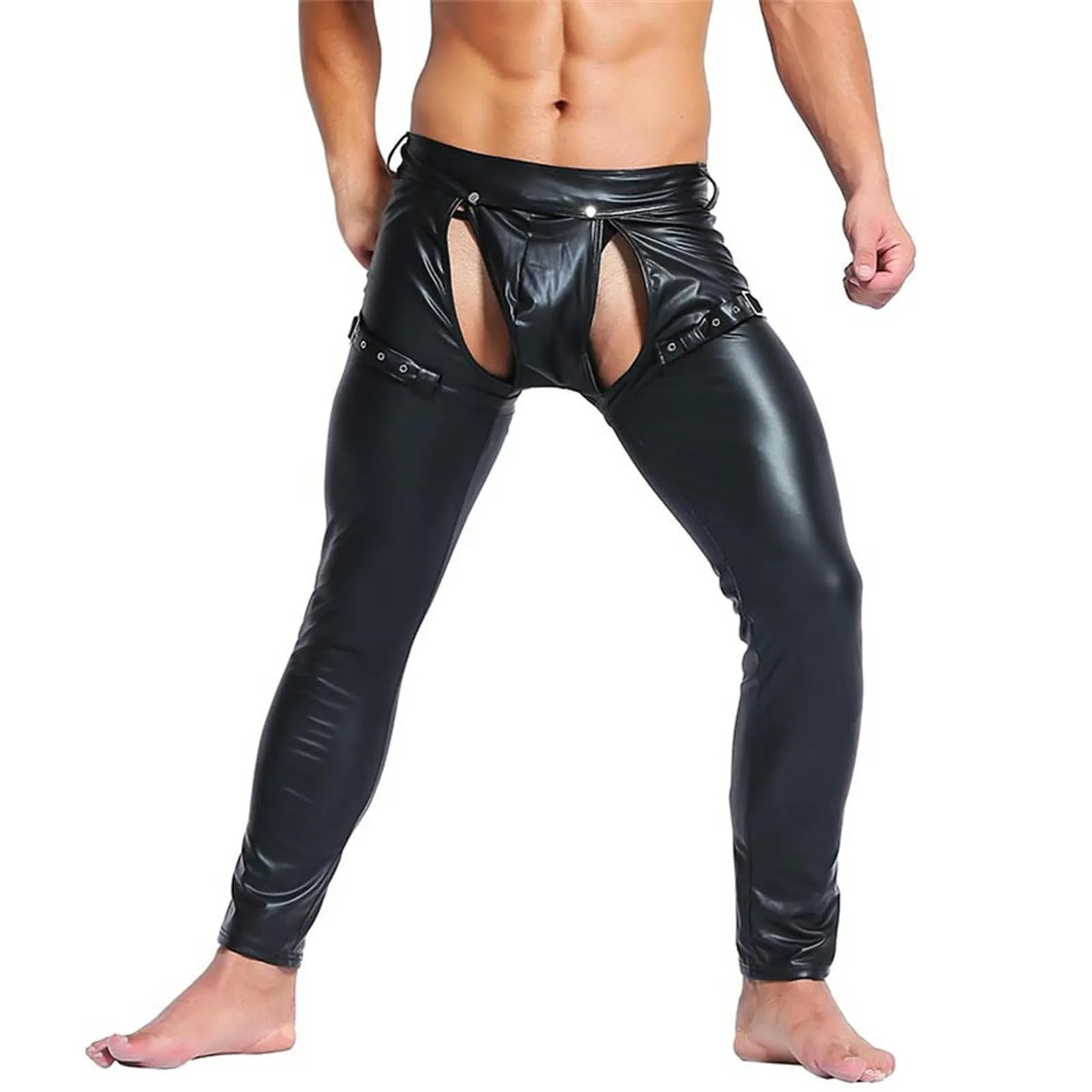 VOIV Pantaloni Attillati in Pelle Sintetica PU da Uomo, Nero - immagine 1