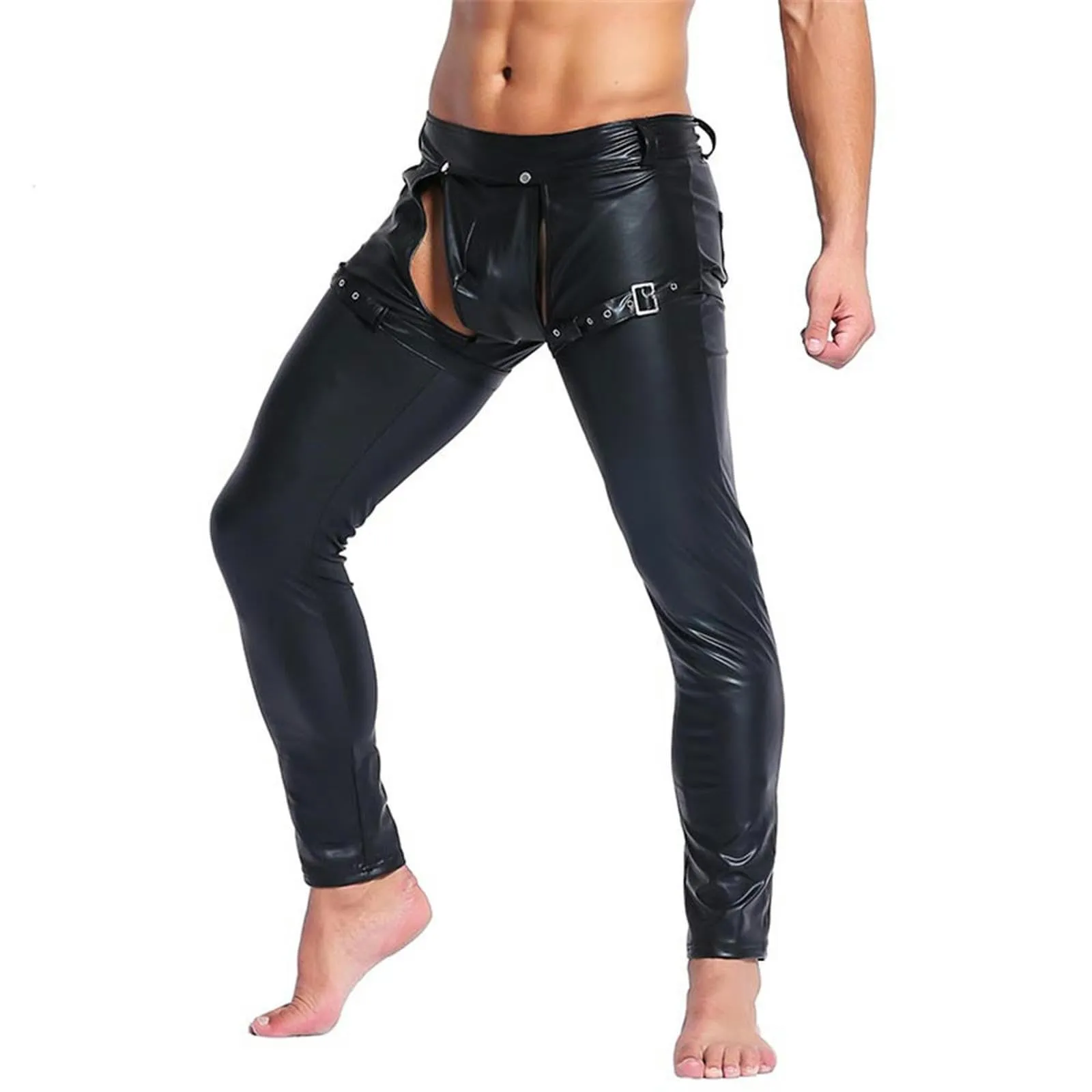 VOIV Pantaloni Attillati in Pelle Sintetica PU da Uomo, Nero - immagine 2