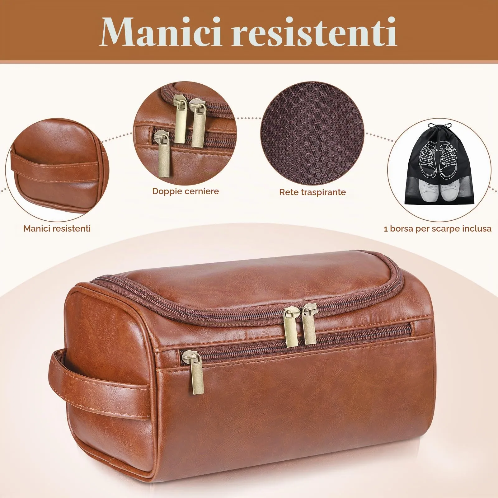 Zocipro Beauty Case Uomo in Pelle PU con Sacchetti Scarpe, Marrone Scuro - immagine 5