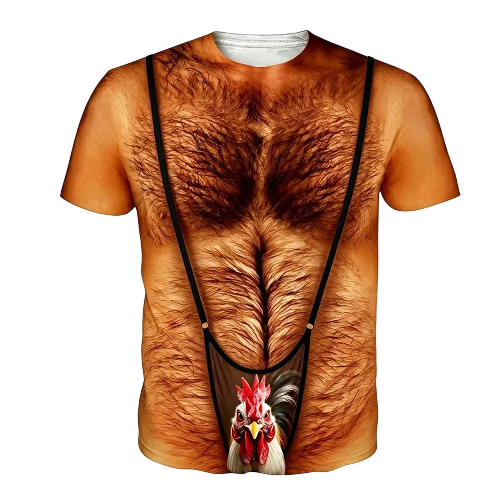 Generisch Maglietta da uomo con stampa 3D petto muscolare e galline, maniche corte, Nero, 5XL - immagine 1
