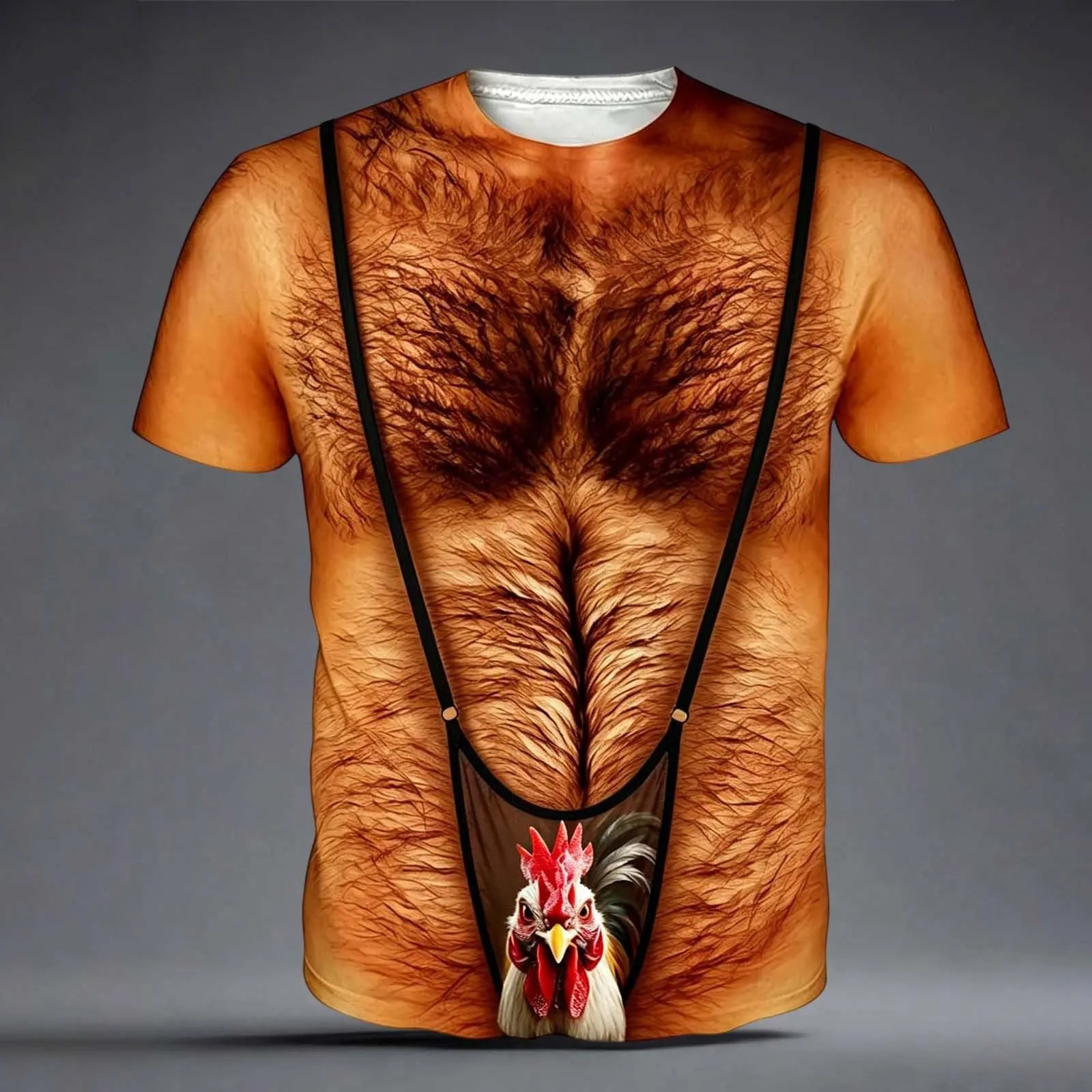 Generisch Maglietta da uomo con stampa petto muscoloso e galline, maniche corte, nero, 3XL - immagine 3