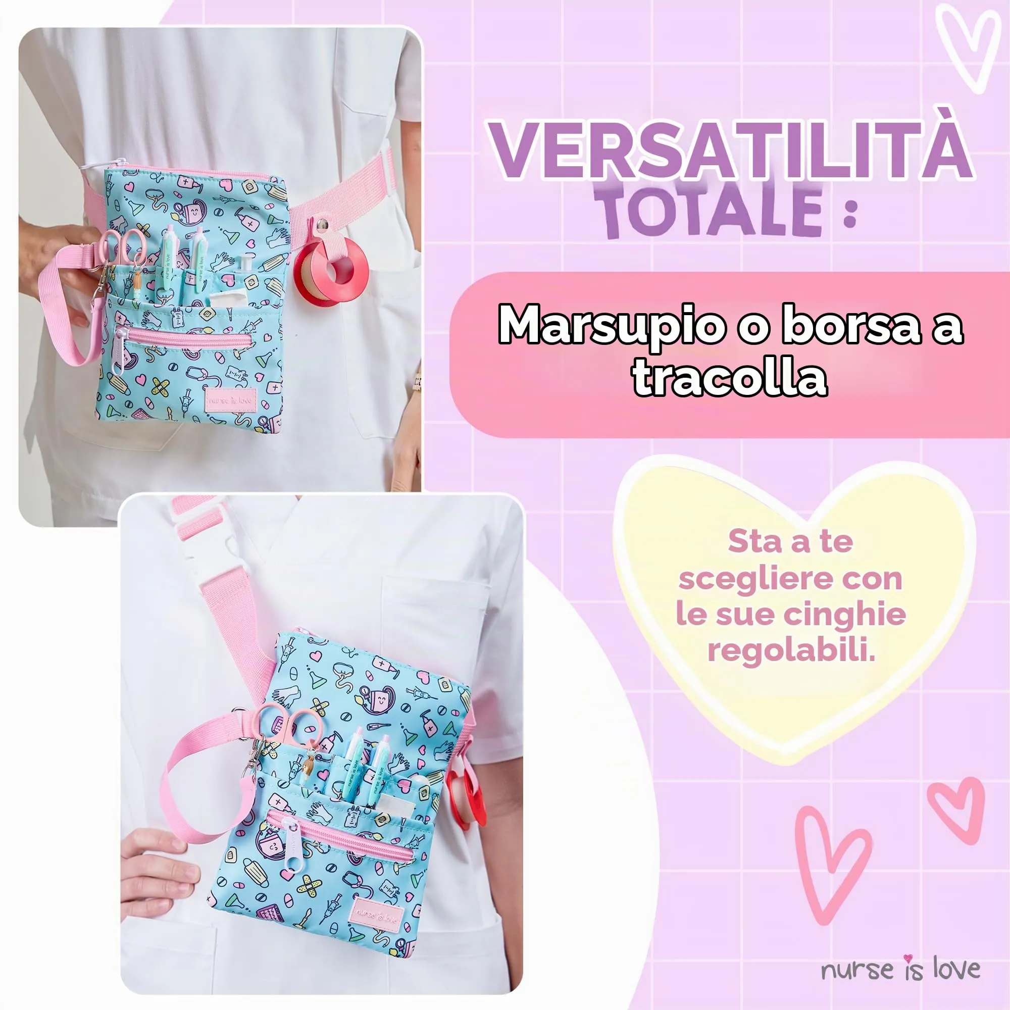Nurse Is Love Marsupio Infermiere Aqua Strumenti con Moschettone, Organizer Multitasche per Forbici - immagine 3