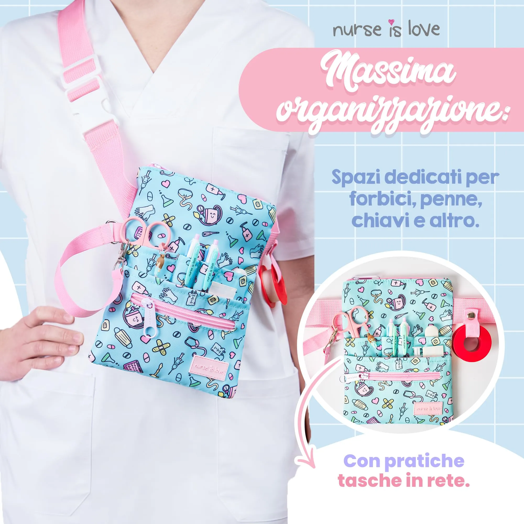 Nurse Is Love Marsupio Infermiere Aqua Strumenti con Moschettone, Organizer Multitasche per Forbici - immagine 5