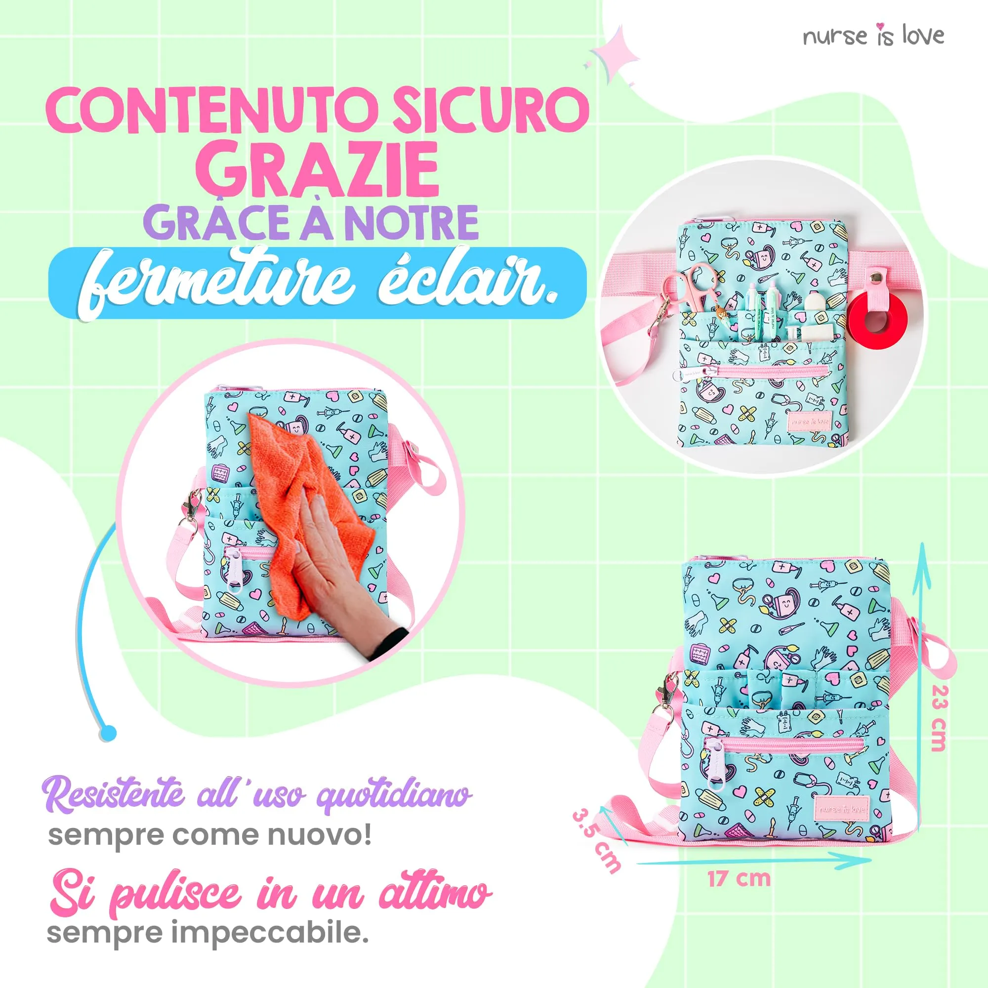 Nurse Is Love Marsupio Infermiere Aqua Strumenti con Moschettone, Organizer Multitasche per Forbici - immagine 6