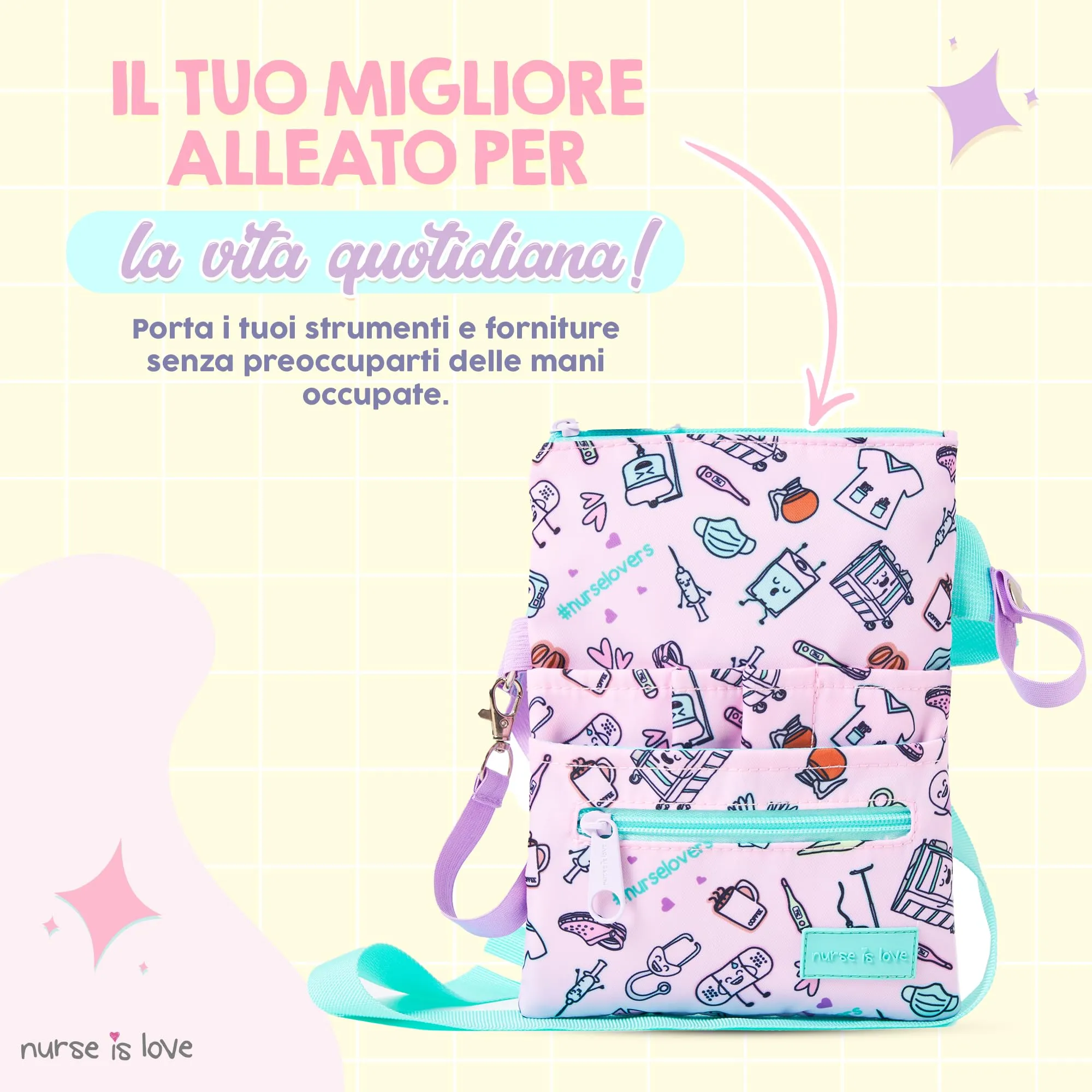 Nurse is Love Marsupio Infermiere Caffè Viola con Moschettone, Organizer Multitasche per Forbici - immagine 2