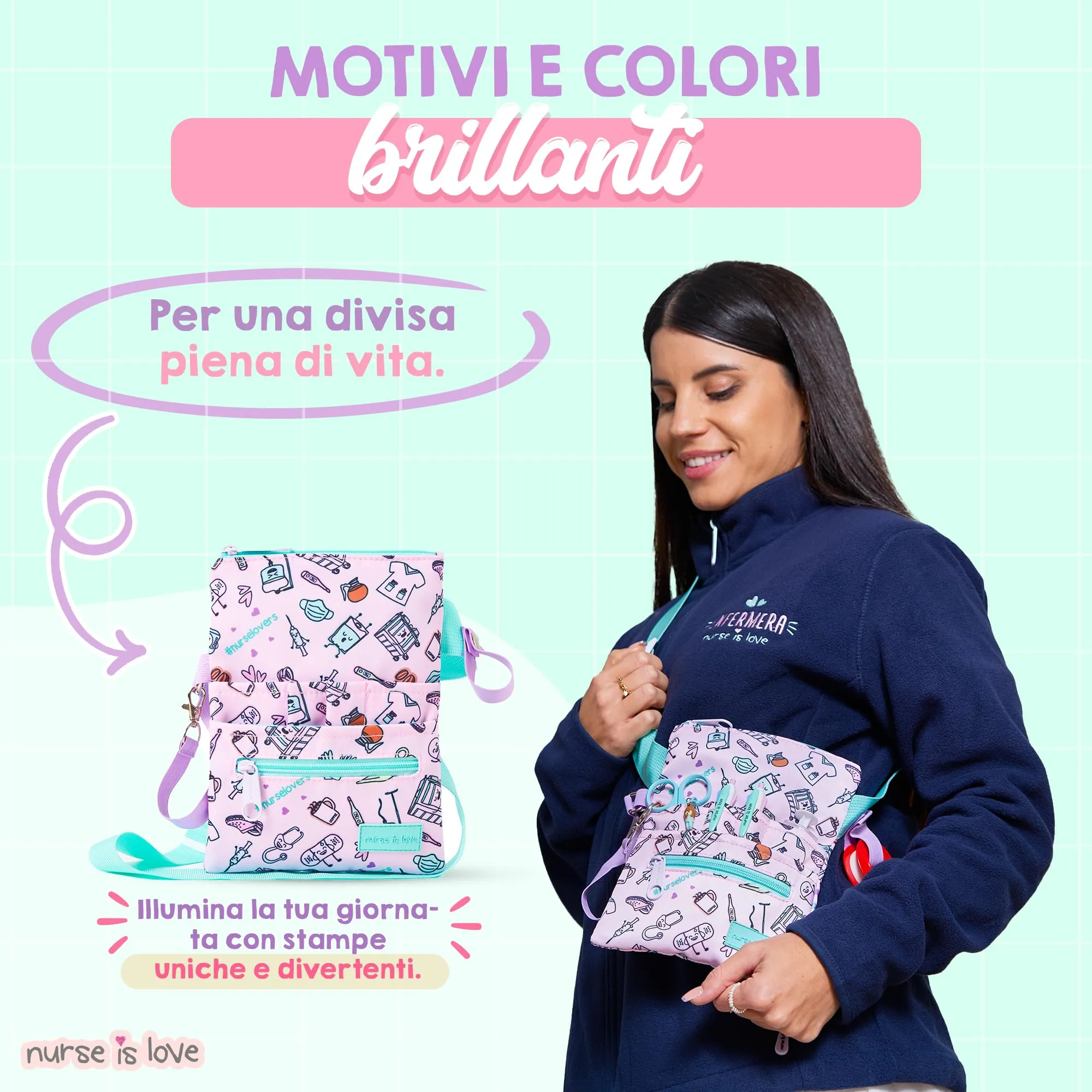 Nurse is Love Marsupio Infermiere Caffè Viola con Moschettone, Organizer Multitasche per Forbici - immagine 4