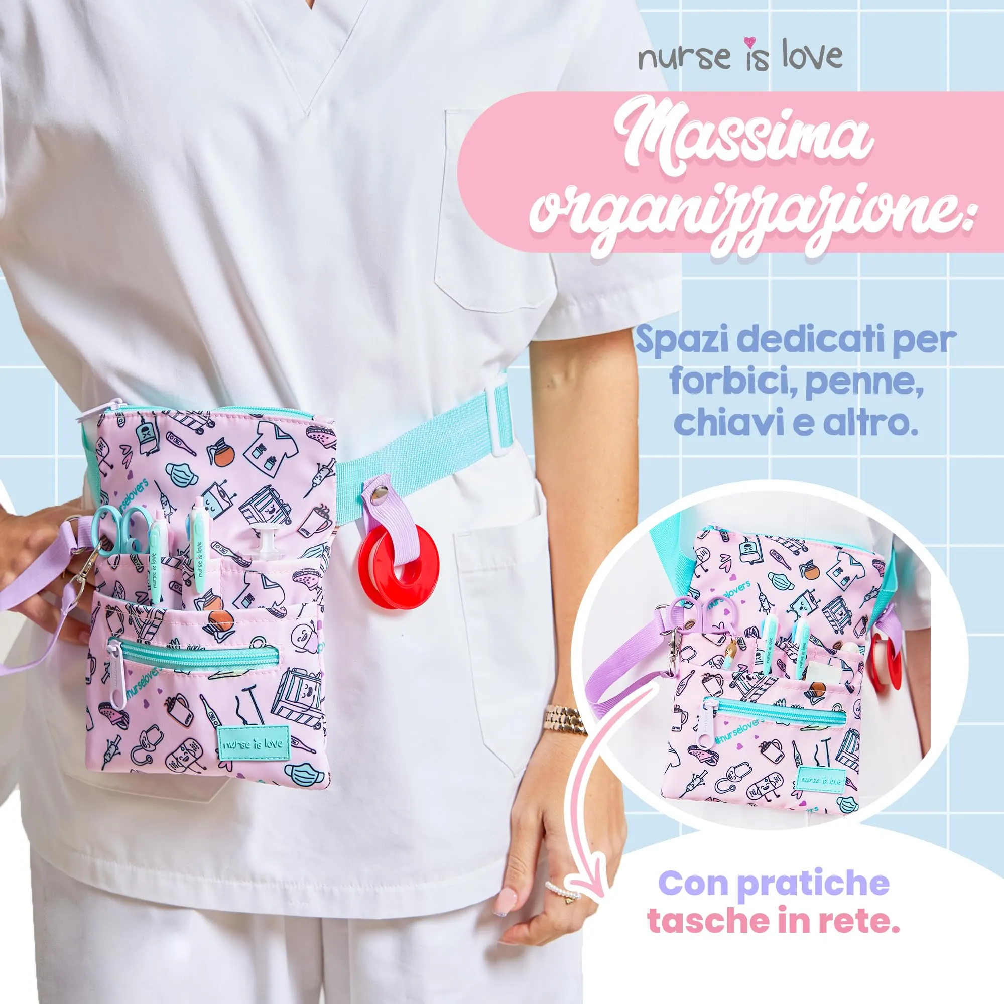Nurse is Love Marsupio Infermiere Caffè Viola con Moschettone, Organizer Multitasche per Forbici - immagine 5