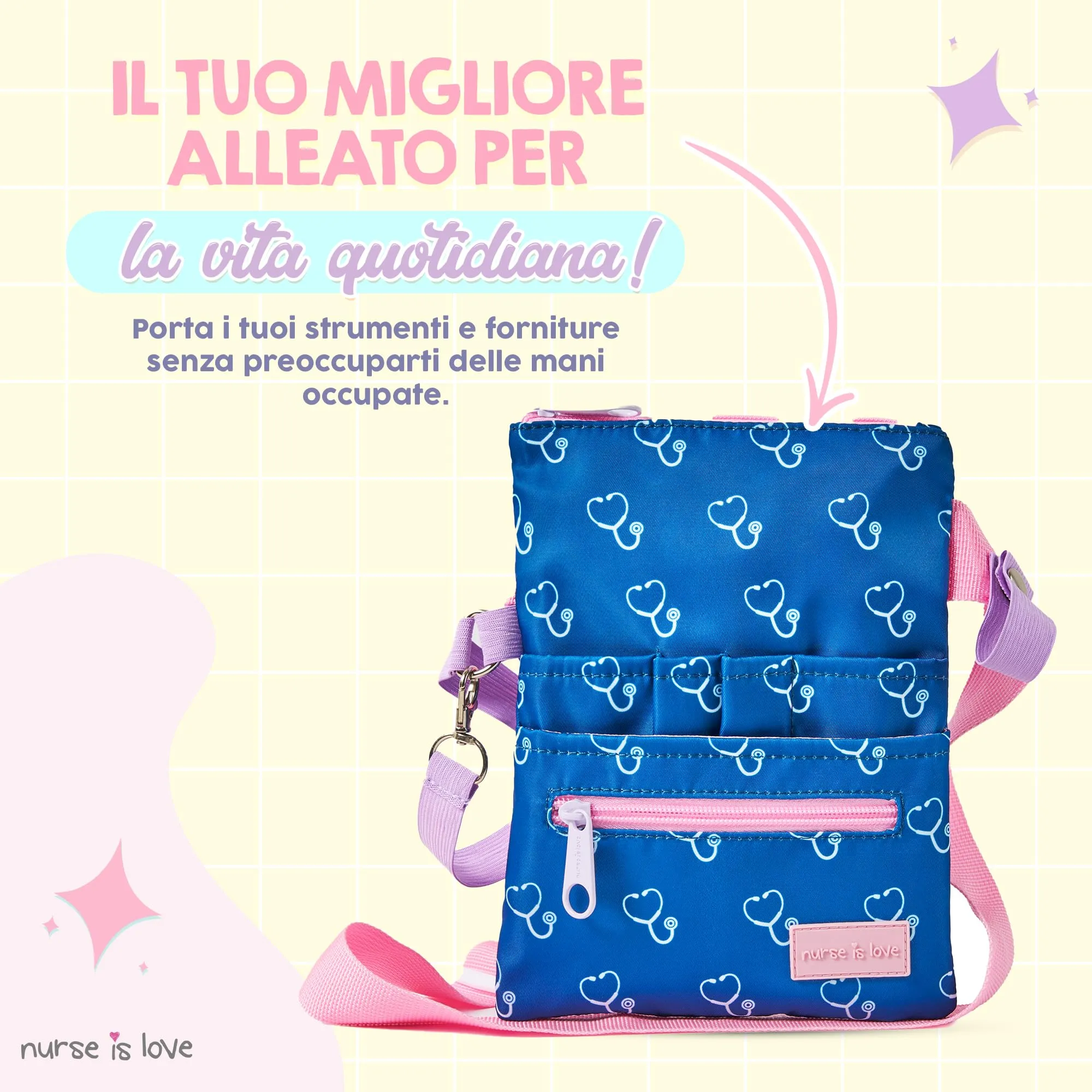 Nurse Is Love Marsupio Infermiere Stetoscopi Blu Navy con Moschettone e Organizer Multitasche per Forbici - immagine 2