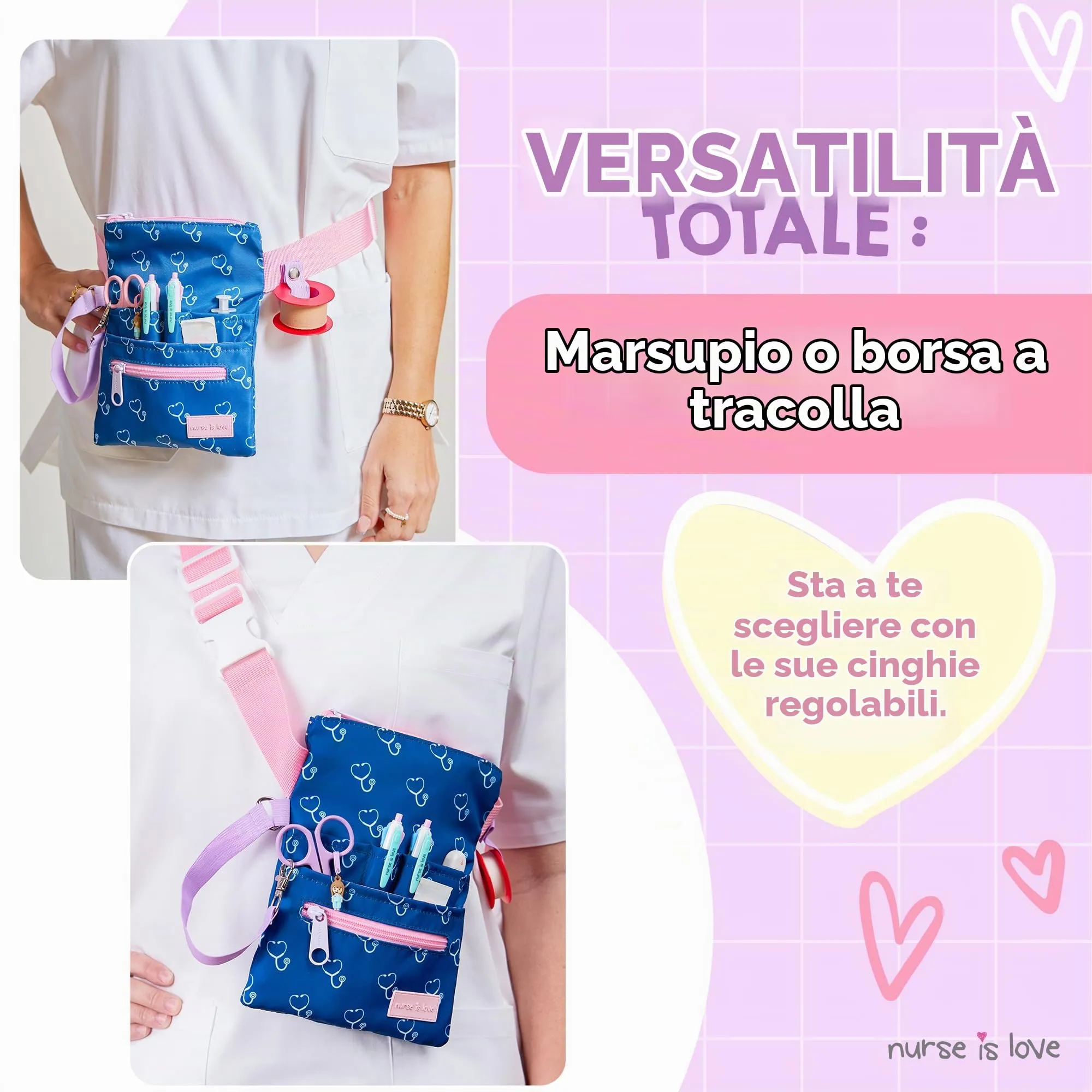Nurse Is Love Marsupio Infermiere Stetoscopi Blu Navy con Moschettone e Organizer Multitasche per Forbici - immagine 3