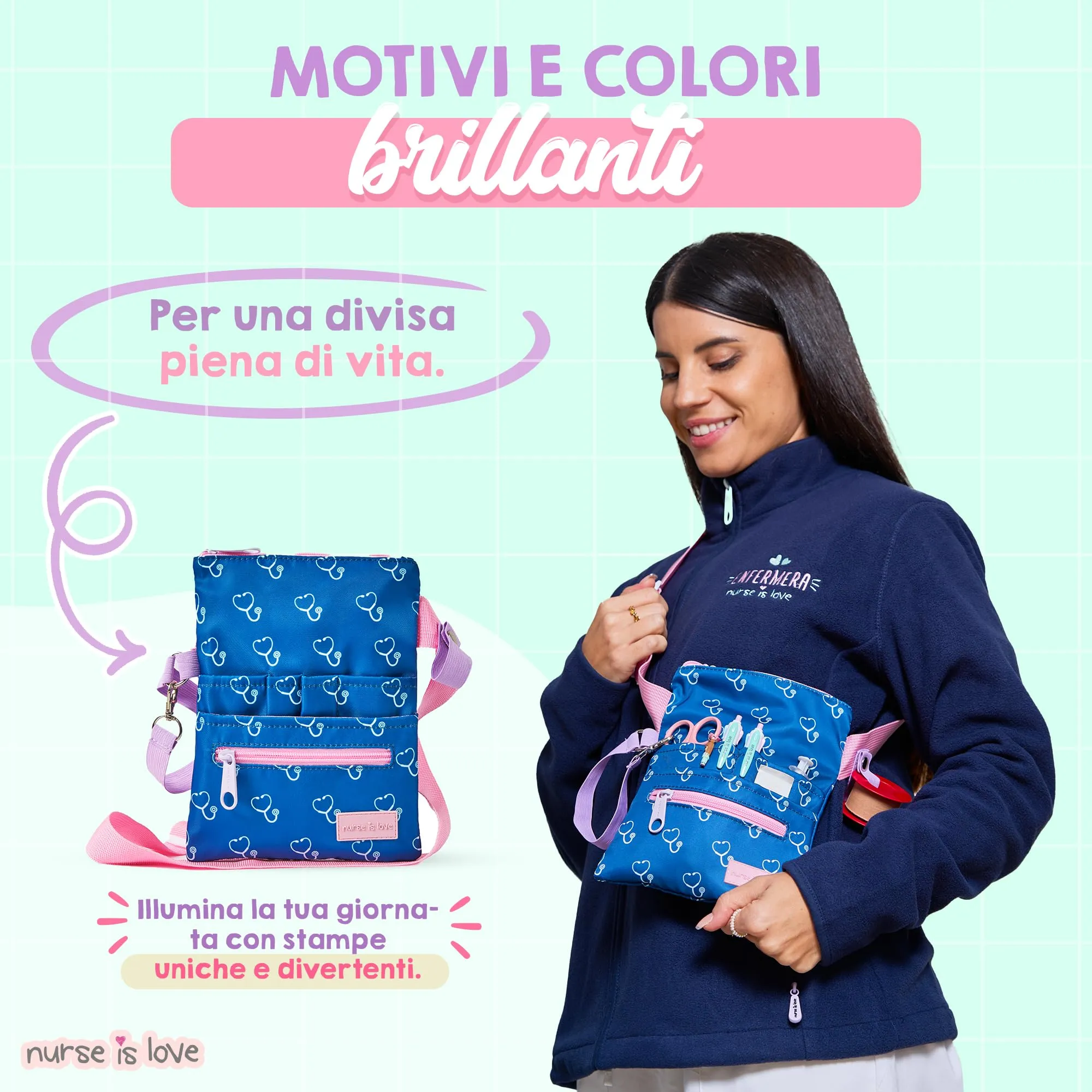 Nurse Is Love Marsupio Infermiere Stetoscopi Blu Navy con Moschettone e Organizer Multitasche per Forbici - immagine 4