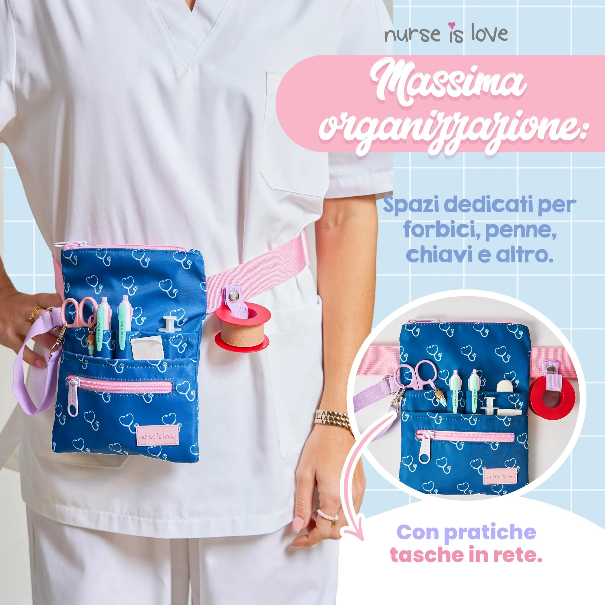 Nurse Is Love Marsupio Infermiere Stetoscopi Blu Navy con Moschettone e Organizer Multitasche per Forbici - immagine 5