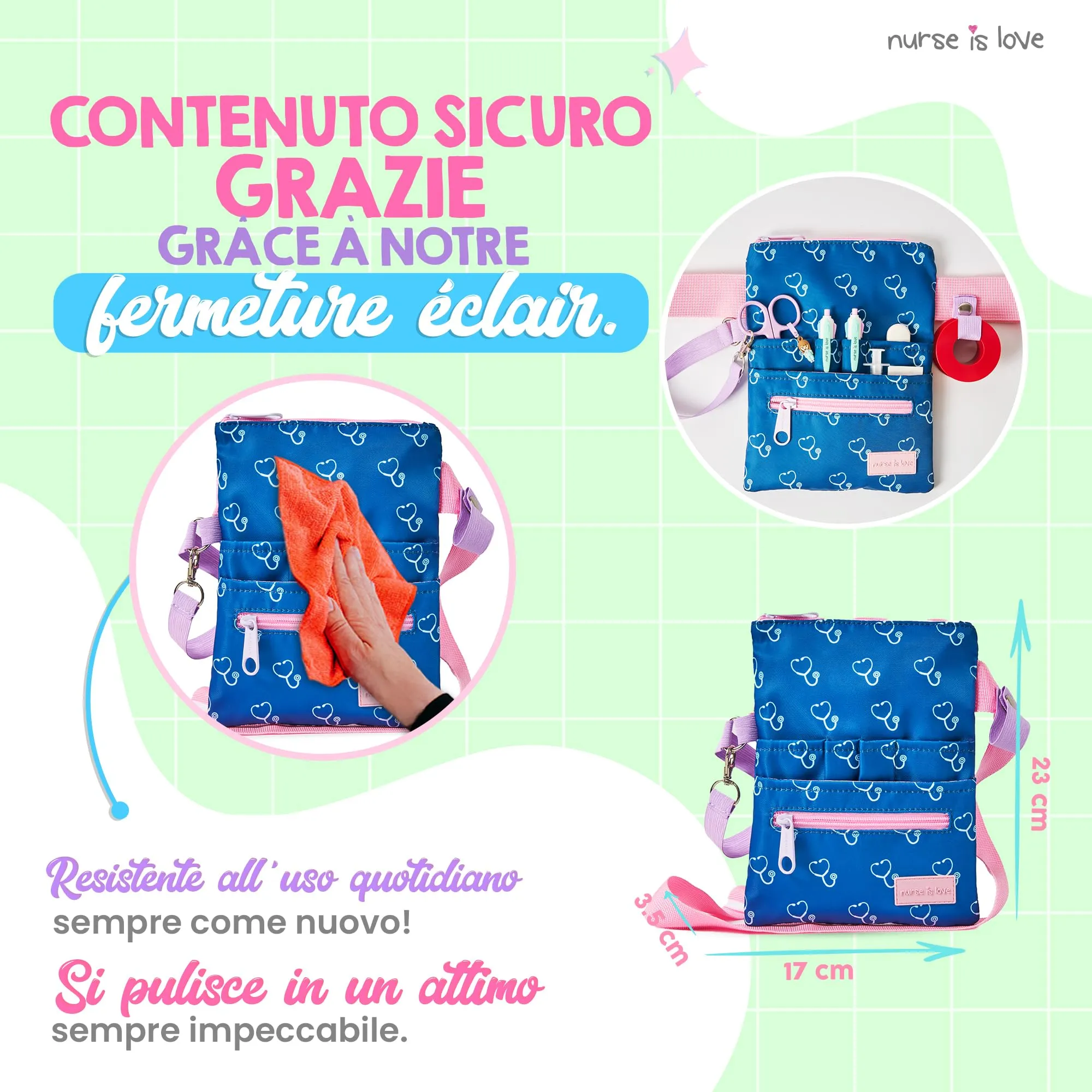 Nurse Is Love Marsupio Infermiere Stetoscopi Blu Navy con Moschettone e Organizer Multitasche per Forbici - immagine 6