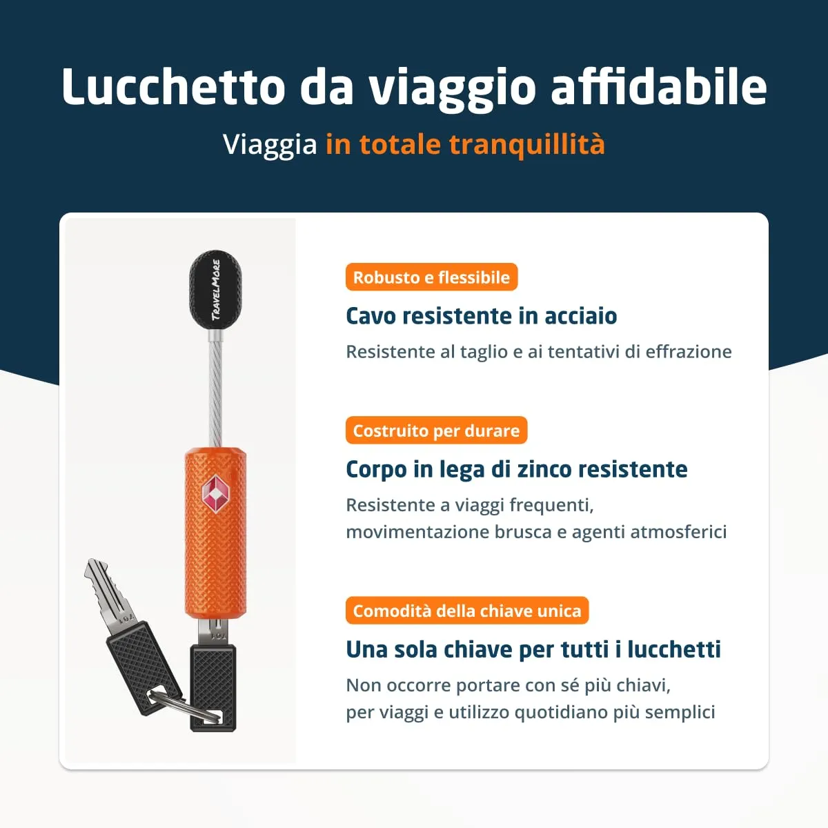 TravelMore Lucchetto per bagagli approvato TSA in lega di zinco con chiavi - Arancione - immagine 6